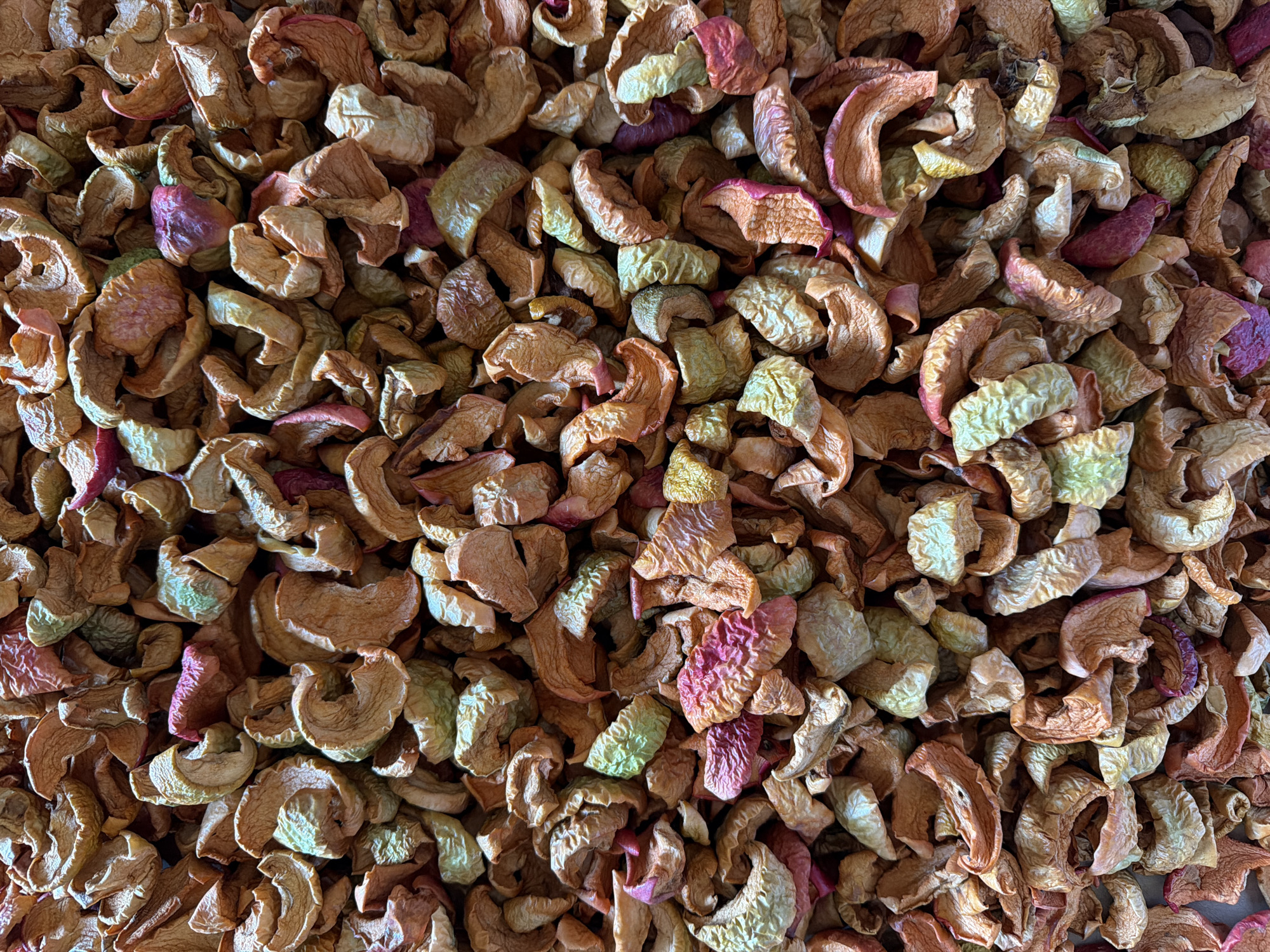 A high-angle, full frame, close-up shot reveals a pile of dried apple slices. The slices are predominantly a light brown color with some areas of pale green, and interspersed throughout are vibrant fuchsia-pink pieces, likely from the apple skins. The apple slices are irregular in shape, with many curled and twisted, showcasing their dehydrated texture. The lighting appears to be natural and diffused, creating subtle shadows that highlight the contours of the fruit. The background is completely filled with the apple slices, creating a dense and uniform texture. There are no people, animals, or other objects visible in the image. The setting is not identifiable and appears to be an indoor space or a surface where the apples are spread out.