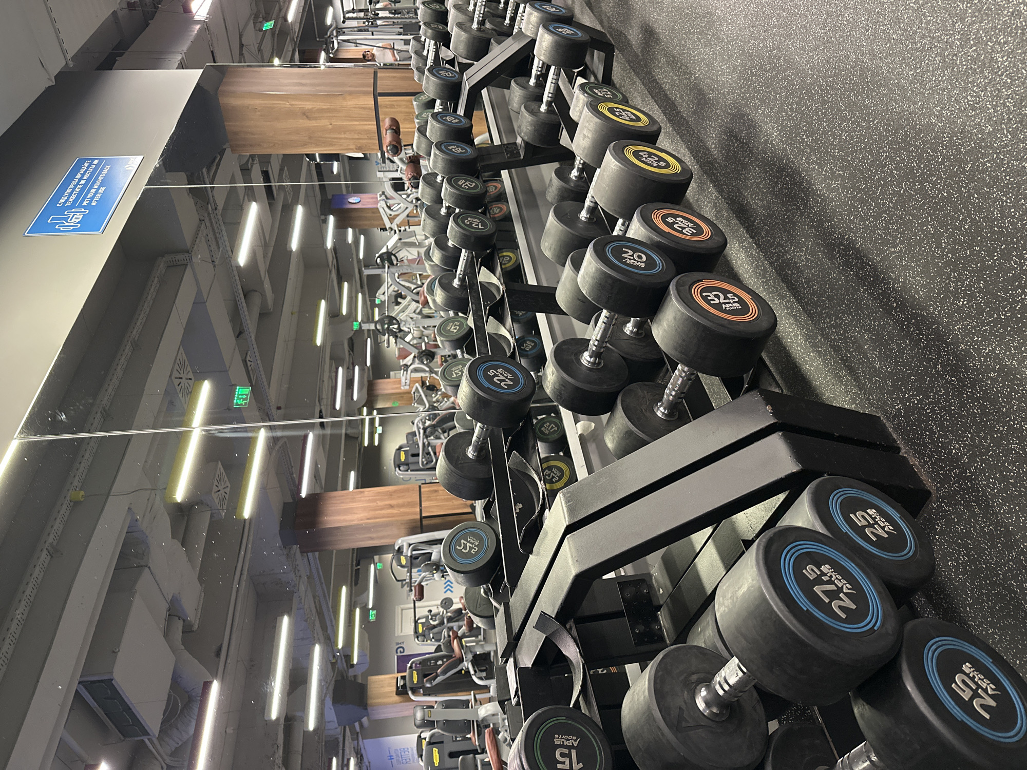This image shows a row of black dumbbells arranged by weight on metal racks in a gym. The weights range from 15 to 32.5, with each dumbbell having a colored ring around the weight indication. The gym has rubber flooring and mirrored walls with signage in Bulgarian, indicating the location is likely Sofia, Bulgaria. The reflection in the mirror shows exercise machines and people in the background, suggesting the gym is currently in use. Fluorescent lights are visible on the ceiling, and wooden decorative panels are on the walls.