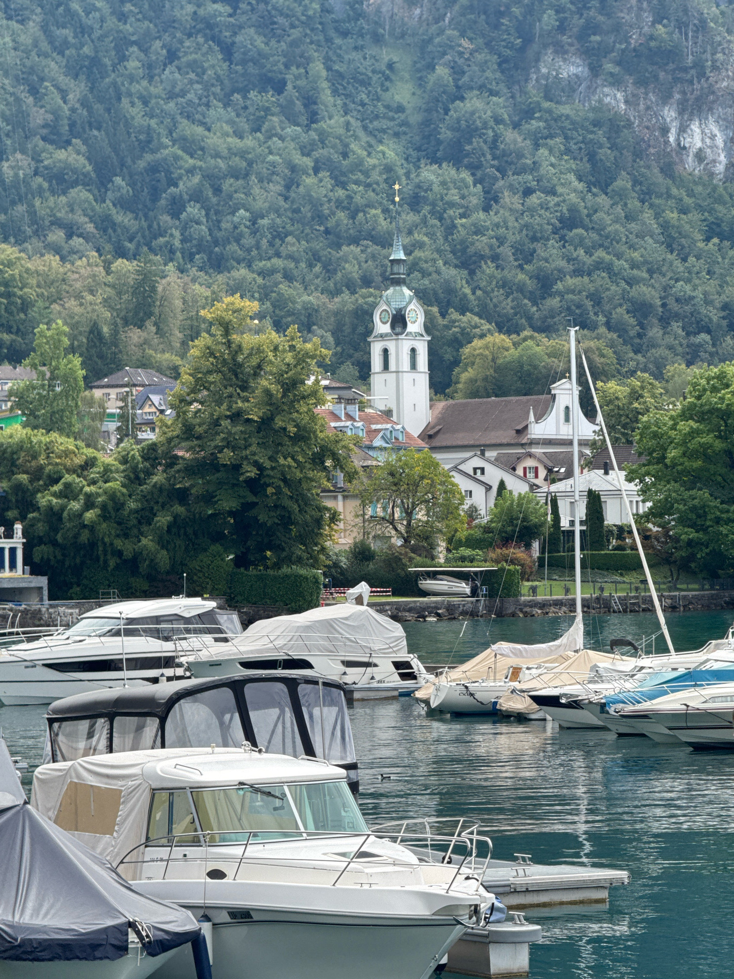 The image depicts a harbor scene in Vitznau, Switzerland, with numerous boats docked on a calm body of water. In the background, a quaint town is nestled at the base of a lush, densely forested mountain. A prominent white church with a green-capped tower and clock faces stands out among the buildings. The boats vary in size and type, with many covered by tarps. The water reflects the overcast sky and surrounding greenery. The environment appears serene and picturesque, characteristic of a European lakeside town. There are no visible people or specific actions taking place.