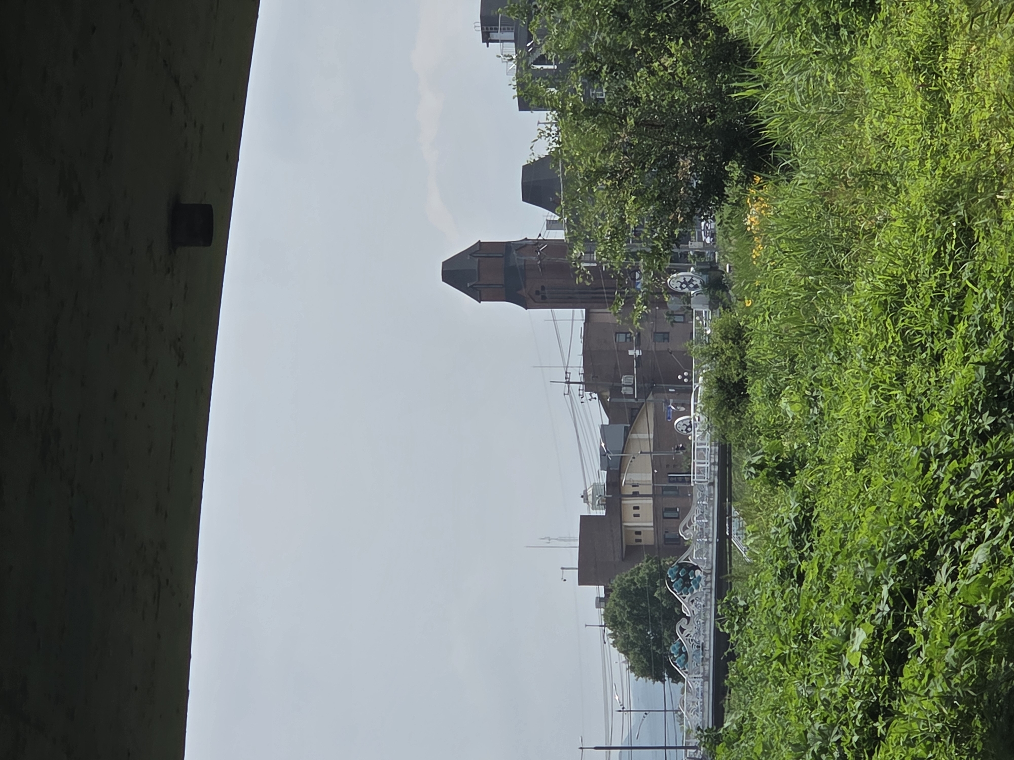 A medium shot photograph taken from below a concrete overpass shows a view of the city of Anseong-si, South Korea, on an overcast day. In the foreground, lush green vegetation dominates the scene. Beyond the greenery, a bridge with an artistic white railing featuring wave-like designs and blue spherical accents spans across a body of water, though the water itself is not clearly visible. Behind the bridge, a cluster of buildings is visible, including a prominent, tall, reddish-brown brick structure with a dark, pointed roof, resembling a church steeple or tower. Further buildings, some with lighter facades, are scattered behind it. Several utility poles and wires are present in the mid-ground. Trees are interspersed among the buildings. The sky is a pale gray, with hints of clouds. The overall impression is one of an urban landscape bordered by natural elements.