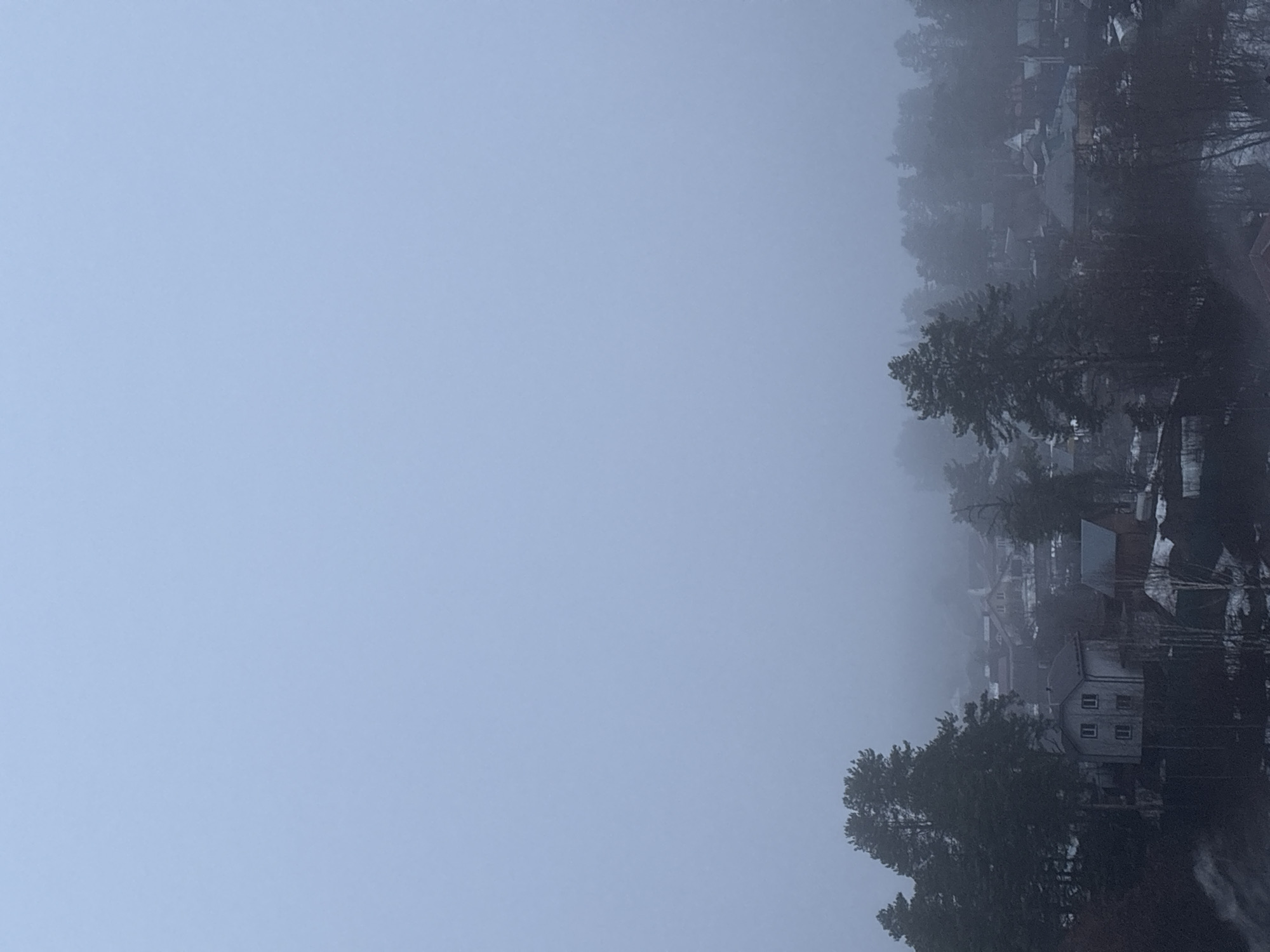 A landscape image showing a view of a town shrouded in heavy fog. There are buildings and trees visible through the fog on the right side of the frame. The left side of the frame is completely obscured by the fog. The image appears to have been taken in Chaikovsky, Russia.