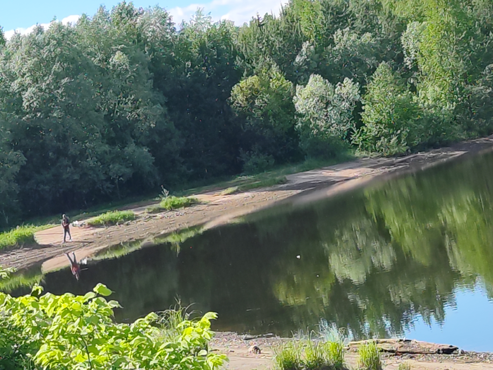 The image depicts a body of water, possibly a lake or river, reflecting the surrounding green foliage. A person is standing on the shoreline to the left of the frame. Green foliage is visible in the foreground. The location is potentially Rusalevka, Russia, based on the user's prompt.