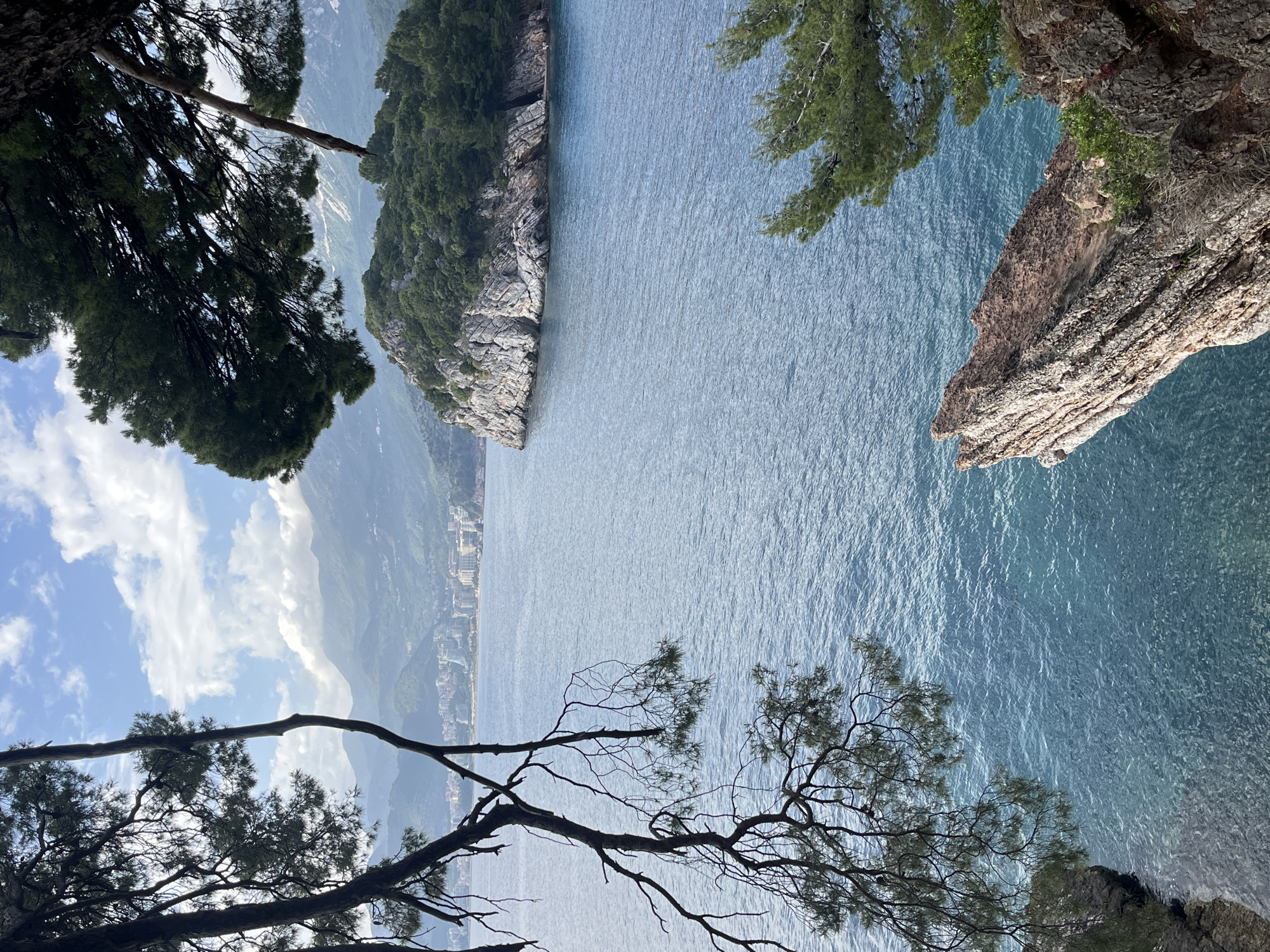 From a high vantage point in Bečići, Montenegro, the image captures a view of the Adriatic Sea. The sea is bordered by rocky cliffs on both sides. The left cliff is covered in vegetation. In the distance, a city skyline runs along the base of mountains. Trees in the foreground frame the view. The sky shows patches of blue with white clouds.