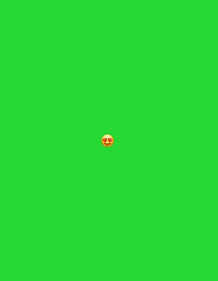 The image is a still shot of a green screen with an emoji of a face with heart eyes centered. There is no indication of a city or location.