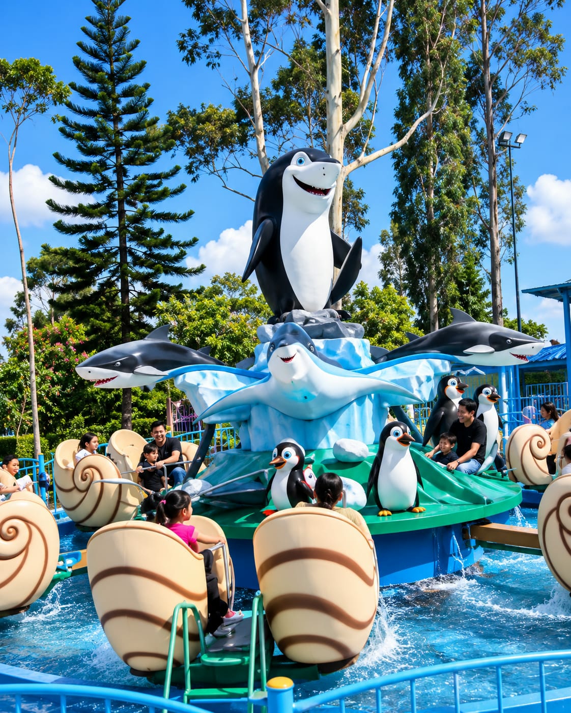 This image captures a scene at Hillpark Sibolangit, a theme park located in Sibolangit, near Berastagi, Indonesia. The focus is a water ride featuring large cartoon sea creatures and penguins. In the background, a tall shark statue is prominently displayed atop a blue ice-themed structure, flanked by a dolphin sculpture. Smaller penguin figures are positioned around the ride's central platform. Several children and adults are seated in individual, snail-shaped gondolas that spin and move through the water. The gondolas are tan with brown spiral patterns. The environment is bright and sunny, with lush green trees visible in the background under a clear blue sky. The water in the ride is choppy, indicating movement.