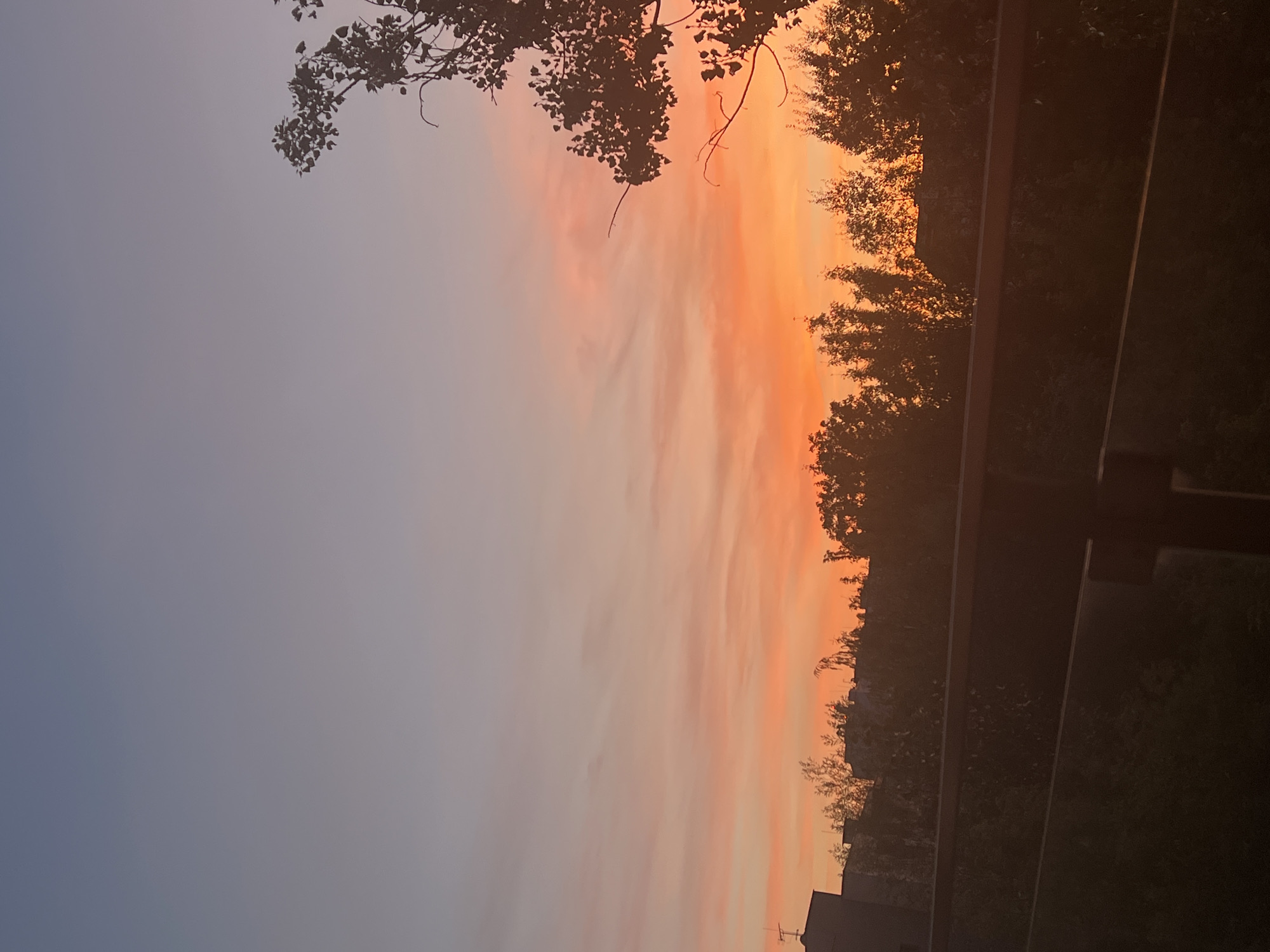 The image depicts a sunset over a city, likely Warsaw, Poland. The sky displays a gradient of colors, transitioning from a pale blue at the top to vibrant oranges and pinks near the horizon. Silhouetted against this colorful sky are the tops of trees and a few buildings, including one with an antenna. In the foreground, a dark wooden railing runs horizontally across the lower part of the frame, with some dark vegetation visible beneath it. The overall atmosphere is serene, characteristic of an evening sky.