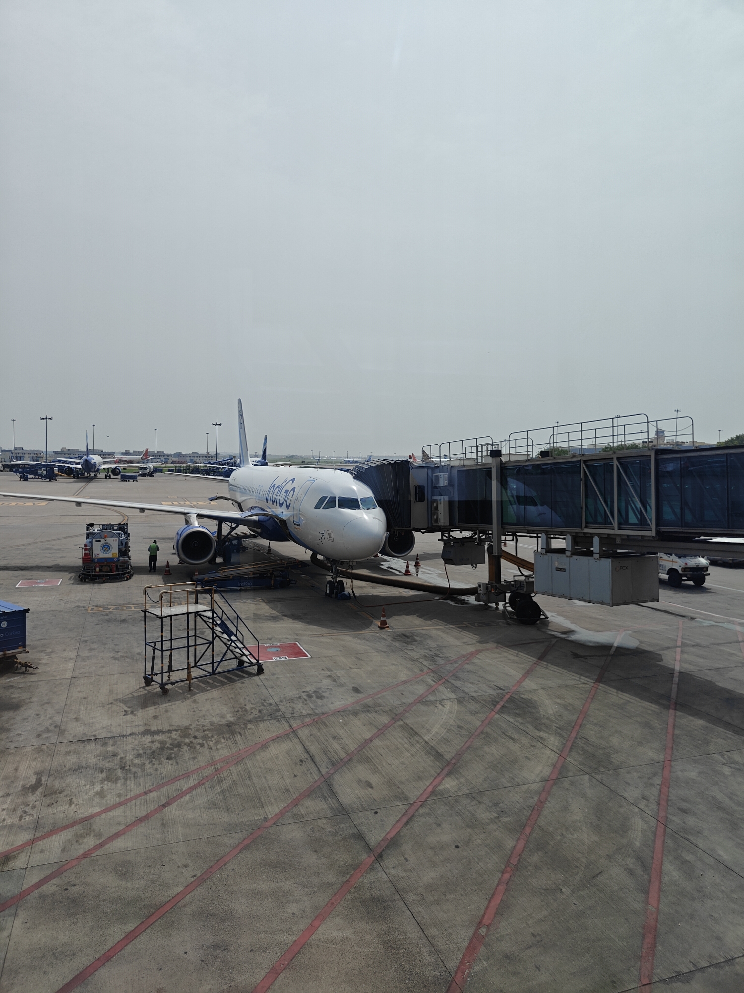 An Indigo Airlines airplane is parked at an airport gate in New Delhi, India, connected to a jet bridge. Two ground crew members are visible near the plane, one standing by a fuel truck. The aircraft is white with blue Indigo branding. Other airplanes and airport infrastructure, including a mobile stairway, are present in the background. The tarmac is marked with red lines. The sky is overcast.