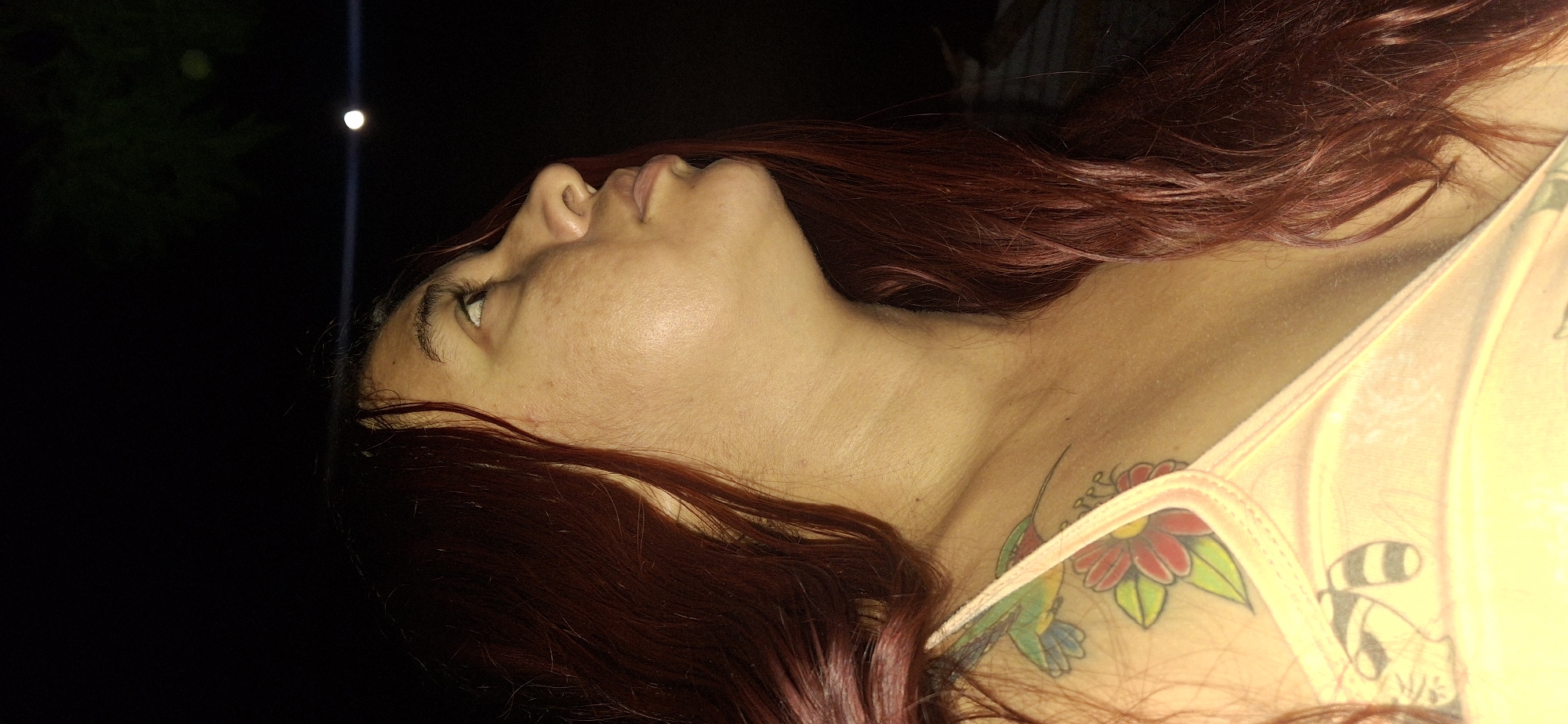 This image presents a profile view of a person, likely female, against a dark, nocturnal backdrop in Vallecito, Venezuela. The subject has long, flowing reddish-brown hair, visible cascading around her head and shoulders. Her face is shown from the right side, looking upwards and to the left, with her gaze directed towards a prominent, bright circular light in the upper left corner of the frame, which appears to be the moon. Below the moon, a faint vertical beam of light is also visible in the dark background.
The person's skin is fair, showcasing natural texture. Her facial features, including an upturned nose and full lips, are clearly visible. A light-colored top, possibly a tank top or camisole, is worn, with its strap and part of the fabric visible on the right side of the image. A colorful tattoo is prominent on her right shoulder and upper chest area. This tattoo depicts a green and blue hummingbird, a vibrant red flower with a yellow center, and what appears to be a striped insect, possibly a bee, further down on her chest. The overall setting suggests a calm, outdoor nighttime scene, with the person seemingly in a contemplative or observant pose. There is no visible text in the image.