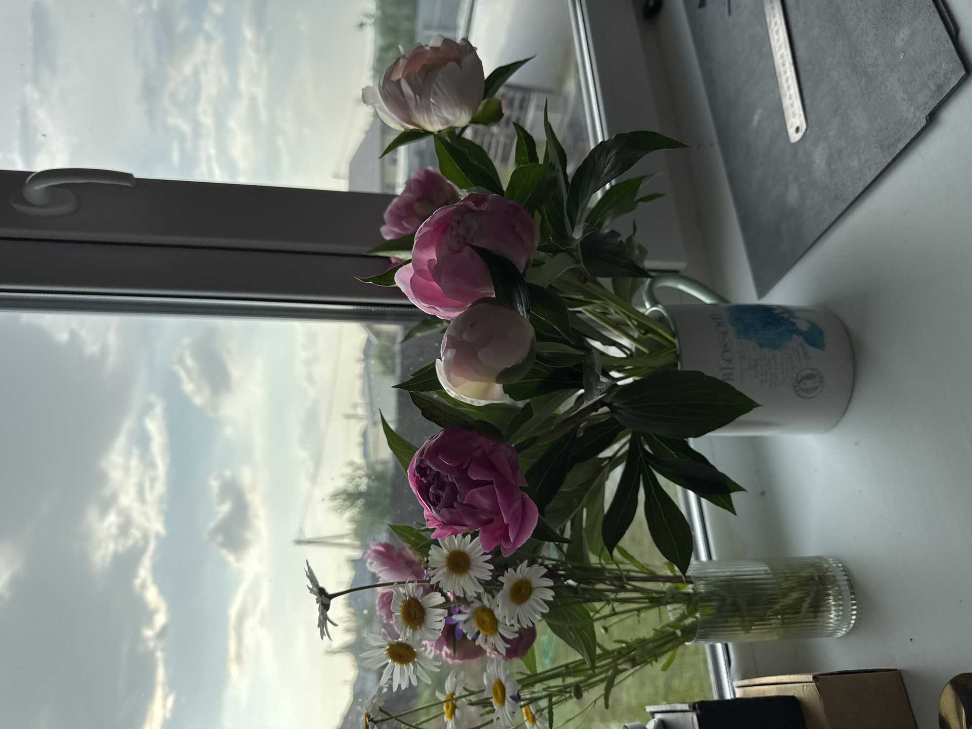 On a windowsill, a bouquet of pink peonies and white daisies are arranged in two vases, with a third vase to the left containing additional daisies. The flowers are positioned in front of a window that overlooks a suburban area with houses and trees. A portion of a white window frame with a handle is visible to the right. The windowsill itself is white and appears to have some dust or smudges. To the left of the vases, a cardboard box is stacked on top of another, and a small metallic object is partially visible in the bottom left corner. To the right of the vases, a dark grey mat with a ruler placed on it is visible. The overall scene suggests an indoor setting with natural light coming from the window, illuminating the floral arrangement and the surrounding objects. The context of Izhevsk, Russia is not visually determinable from the image itself.