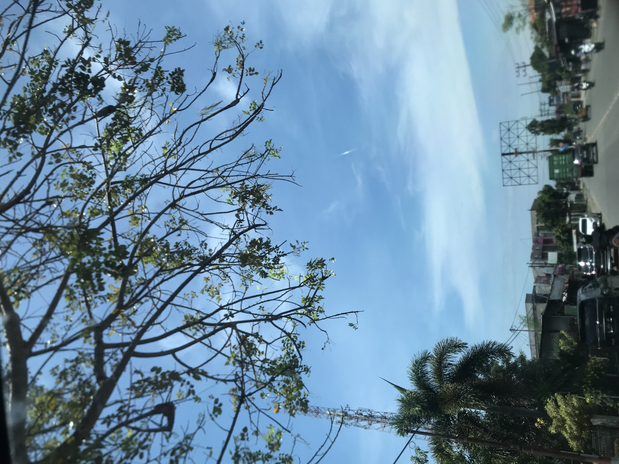 The image shows a view from a moving vehicle in Sigli, Indonesia. The sky is blue with scattered clouds. In the foreground, a tree with sparse green leaves is visible on the left. In the background, a street scene is depicted with buildings, vehicles, and a large billboard structure. A palm tree is also visible in the lower right corner. The scene is observed through what appears to be a windshield.