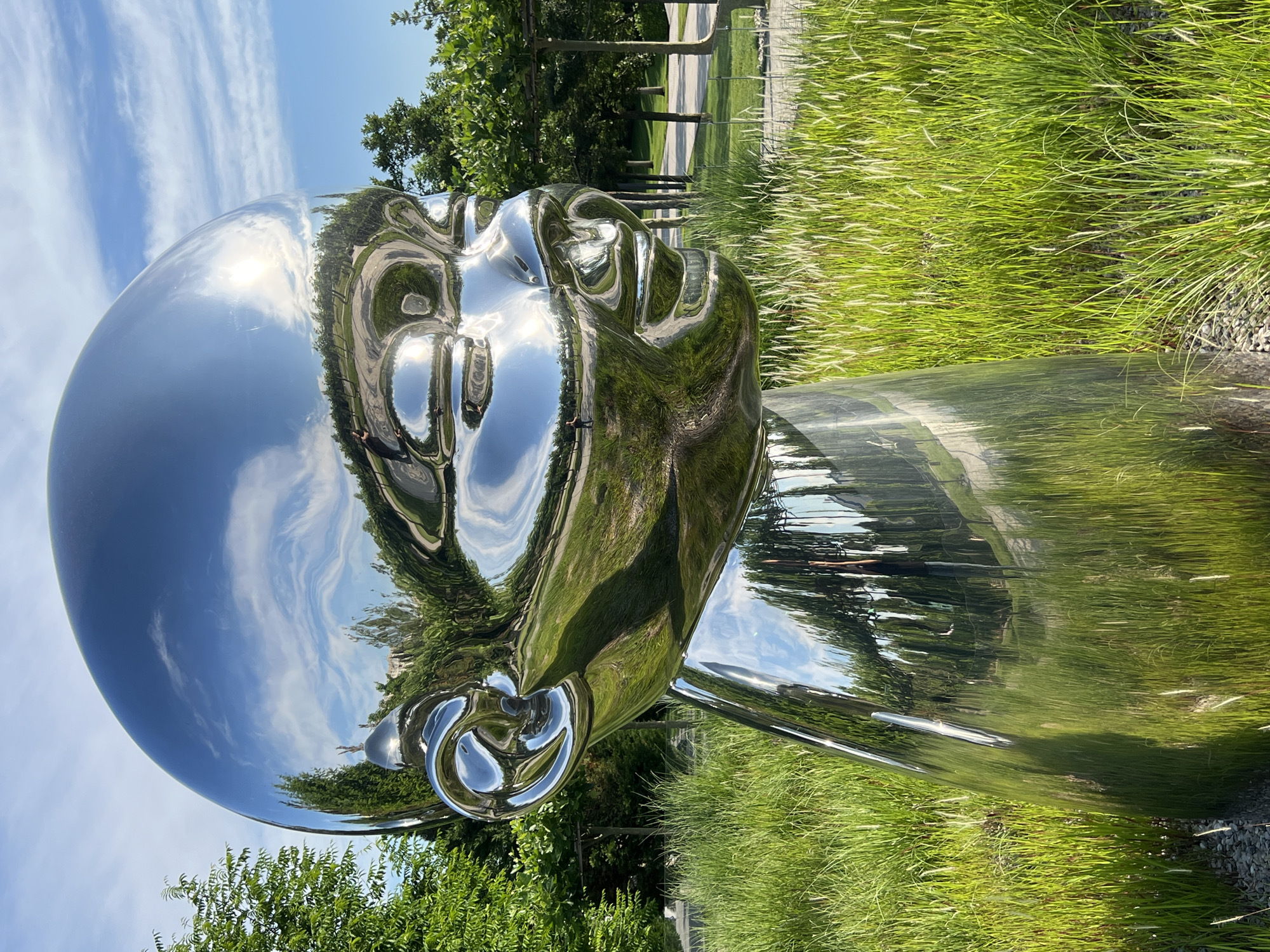 The image shows a close-up, side view of a large, highly reflective, chrome-plated sculpture of a baby's head and neck, set outdoors in a park-like environment. The sculpture is positioned in the foreground, with its shiny surface reflecting the surrounding landscape, including lush green grass, trees, a pathway, and the blue sky with scattered clouds. The sculpture itself is a smooth, polished metal, with the features of a baby's face clearly discernible through the reflections. The baby appears to have closed eyes and a slight smile. The background consists of neatly trimmed trees along a curving pathway, and more grass. The overall impression is one of modern art in a well-maintained public space, likely a park or sculpture garden. The location is identified as Krasnodar, Russia. There are no visible people interacting with the sculpture in the immediate foreground or mid-ground, although faint reflections of people can be seen on the sculpture's surface.