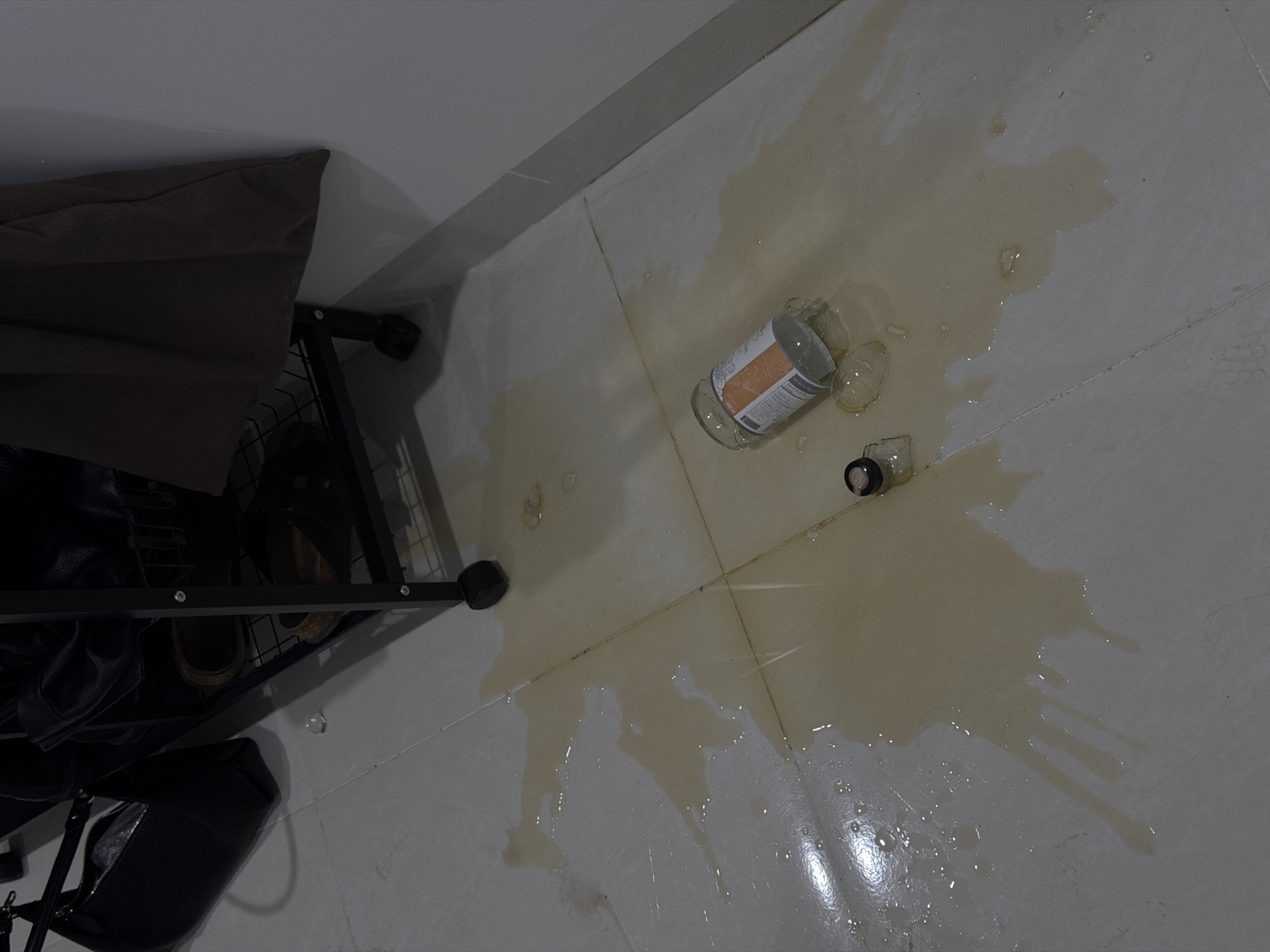 The image depicts a spilled liquid on a tiled floor next to a metal shelving unit. A broken glass bottle lies on its side within the spilled liquid. The shelving unit contains shoes and bags. The location is unknown.