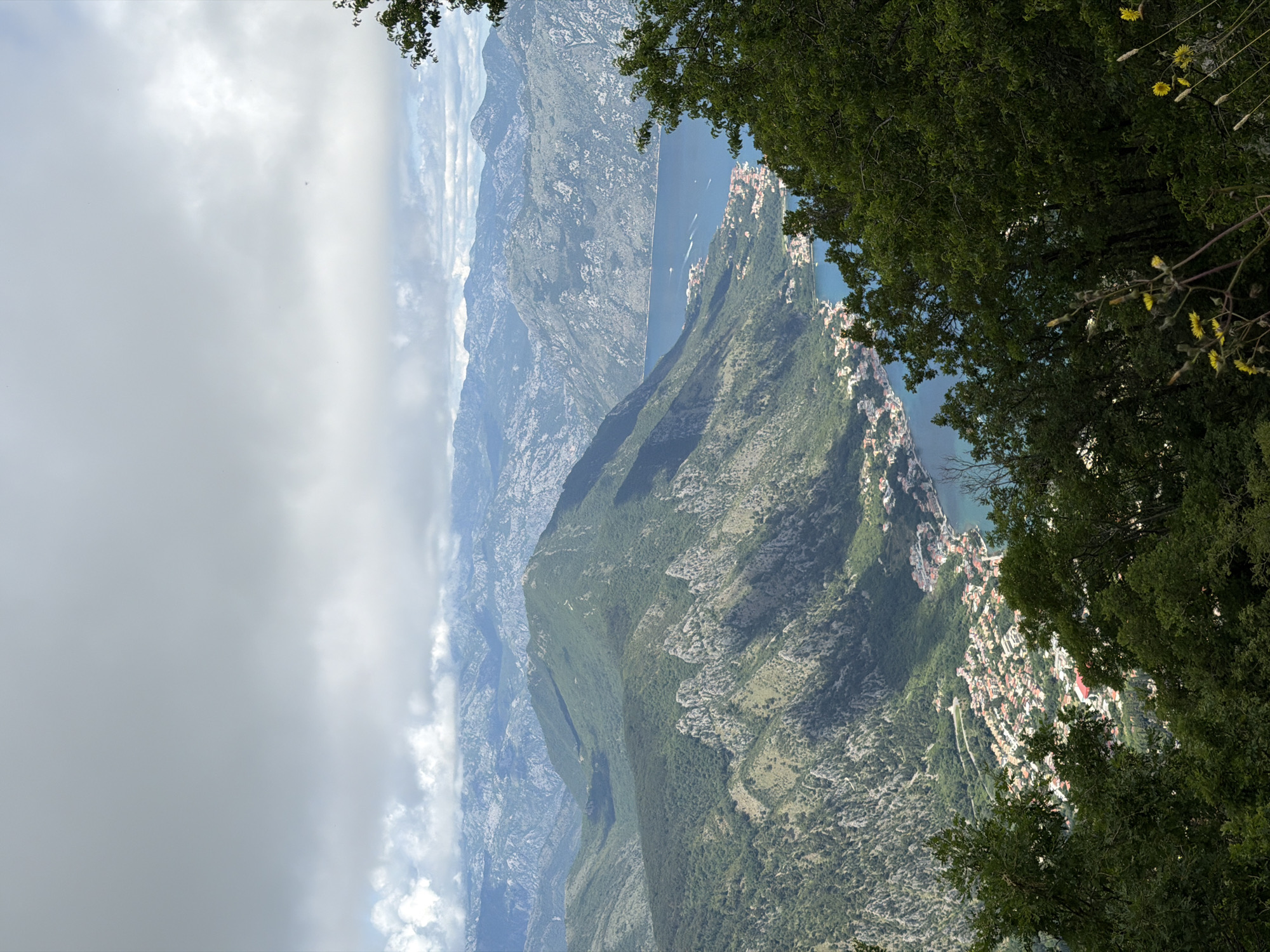 This is a panoramic, high-angle view of a dramatic mountainous landscape overlooking a large body of water, likely a bay or fjord, with a town nestled along its shore. The perspective is from an elevated vantage point, possibly a mountain slope in Špiljari, Montenegro, looking down onto the scenery.
In the foreground, the view is partially framed by dense, dark green foliage from trees and bushes, particularly in the upper and right portions of the image. Some yellow wildflowers are visible among the foreground greenery on the right.
The central and mid-ground reveal majestic mountains, steep and rugged, rising directly from the water's edge. These mountains are covered in a mix of verdant green forests and more exposed, rocky terrain, especially in the distance where they appear hazy under a partly cloudy sky. The layers of mountains recede into the background, creating a sense of immense scale.
The large body of water, appearing deep blue, stretches across the middle distance, reflecting the sky in places. Several small, white boats or vessels are visible on its surface, leaving subtle wakes. Along the curving shoreline of the bay, a town or village is densely packed with numerous buildings, many featuring distinctive red or orange-tiled roofs, contrasting with the green slopes and blue water. A winding road can be seen connecting parts of the settlement.
The sky occupies the upper left portion of the scene, characterized by a mix of bright white and light gray clouds, with patches of clear blue visible through breaks in the cloud cover. The overall impression is one of a bright, daytime scene with good visibility. There are no visible people or discernible text in the image.