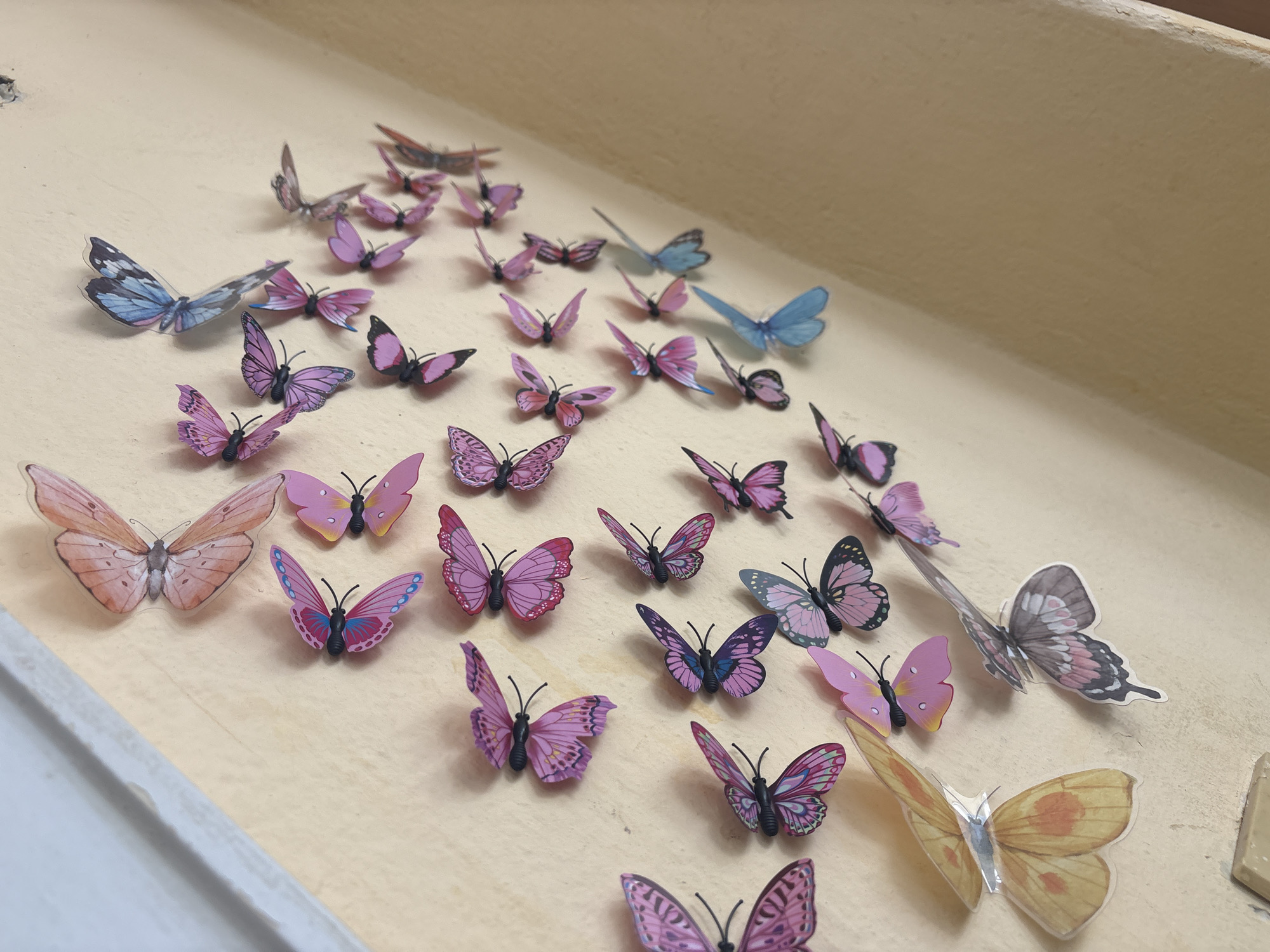 The image presents a close-up, high-angle view of numerous decorative butterflies arranged across a light-colored, textured surface, likely a wall or display board. The butterflies are primarily in shades of pink, purple, and blue, with several also featuring orange-yellow and grey-brown patterns. They appear to be stickers or cut-outs, many with their wings gently bent to create a three-dimensional effect, casting subtle shadows that give them a lifelike appearance of flight or rest.
These butterflies vary in size and display a wide range of intricate patterns, including veins, spots, and color gradients across their wings. They are scattered in a visually appealing arrangement, pointing in diverse directions across the surface. A soft, natural light source illuminates the scene from the left, highlighting the details and colors of the butterflies.
The background features the same light-colored surface extending upwards, with a slight visual indication of a corner or upper edge of a room. A small, dark mark or hole is visible on the surface in the upper left area in some crops. The scene depicts a static, decorative display, rather than an active event. No people are visible, and there is no discernible text in the image. The setting is an indoor space in Dinkata, Bulgaria.