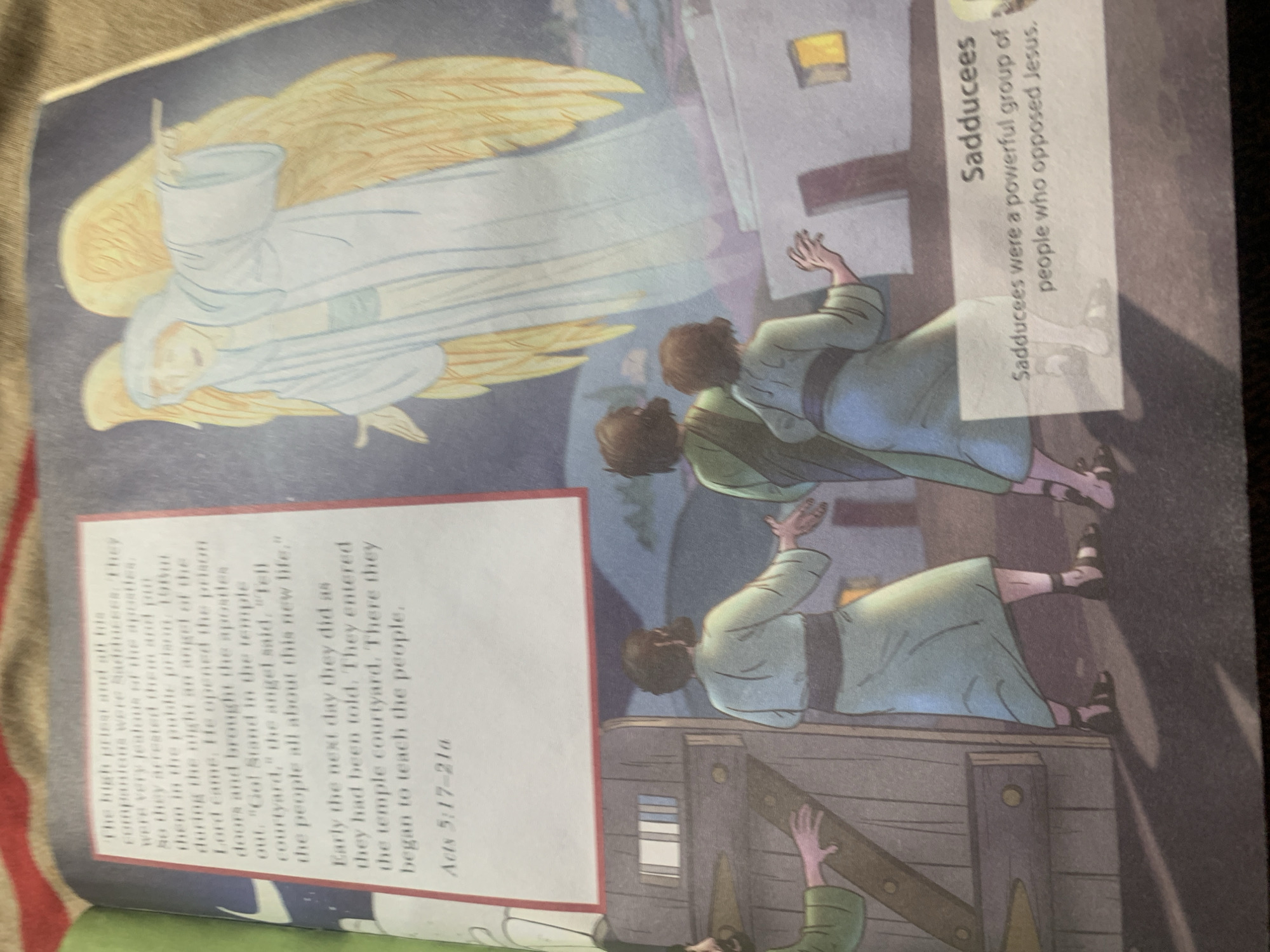 The image depicts a scene with several figures and text. On the right side of the image, a large, stylized angel with golden wings and a flowing white robe is prominently displayed, with its right hand extended pointing forward. Below the angel, three figures, likely men wearing tunics and sandals, are shown walking away from a wooden gate towards a building. Two of these figures are facing away from the viewer, while one is seen from the side. To the bottom right, a white box contains the text "Sadducees" and below it, "Sadducees were a powerful group of people who opposed Jesus." To the left of the figures and gate, a white box contains text that appears to be a biblical passage. The background suggests an outdoor setting with buildings and a dark sky. The image is a page from a book, possibly a children's religious book, with a red striped border visible at the top. There is no indication or visual element in the image that places the scene in Jauro Yinu, Nigeria.