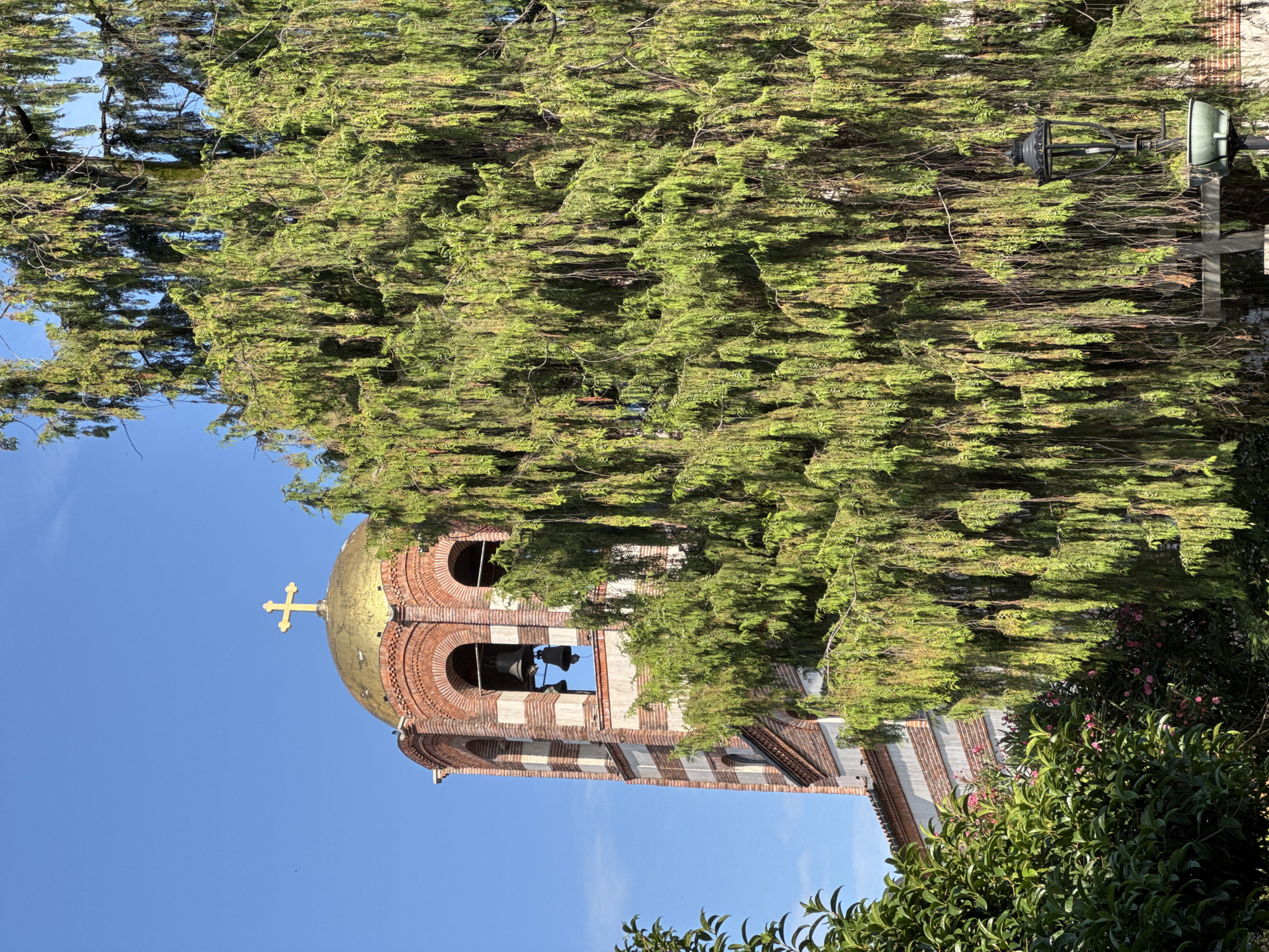 The image shows a close-up view of a church bell tower with a golden dome and a cross against a clear blue sky. The bell tower is constructed with red brick and white stone accents, featuring arched openings where bells are visible. In the foreground, a large tree with long, drooping green branches partially obscures the bell tower. Lush green foliage, including some pink flowers, is visible to the left of the tower. A black lamppost with a green planter is also present in the lower right portion of the frame. This appears to be a scene from St. Nicholas Church in Batumi, Georgia, a notable landmark in the city.