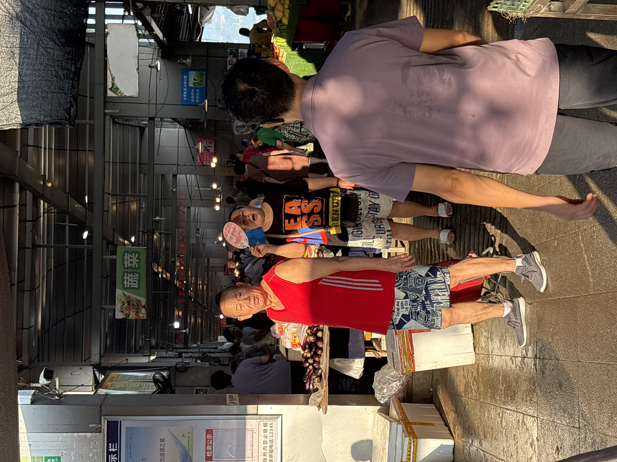 The image depicts a bustling market scene, likely an outdoor or semi-covered area, with stalls and vendors present. The lighting suggests it is daytime, with sunlight filtering through the structure, casting shadows.
In the foreground, the back of a person wearing a purple t-shirt and dark shorts is visible. To their left, an elderly man with a bald head and a red sleeveless shirt stands facing the camera, looking directly at it. He is wearing patterned shorts and grey sneakers. Behind him, a table is laden with fresh eggplants. To the right of the elderly man, a woman with a shocked expression and a fan in her hand is also visible.
Further into the market, other individuals can be seen browsing or working at their stalls. There are signs in Chinese characters, indicating a local establishment. The floor appears to be paved with stone tiles.
Specifically, the presence of market stalls, fresh produce, and the overall atmosphere are consistent with a typical Chinese local market. The signs, including one that reads "蔬菜" (shūcài, meaning vegetables), further confirm the nature of the location. Given the context provided, this scene is located in the city of Jiangjin, China.