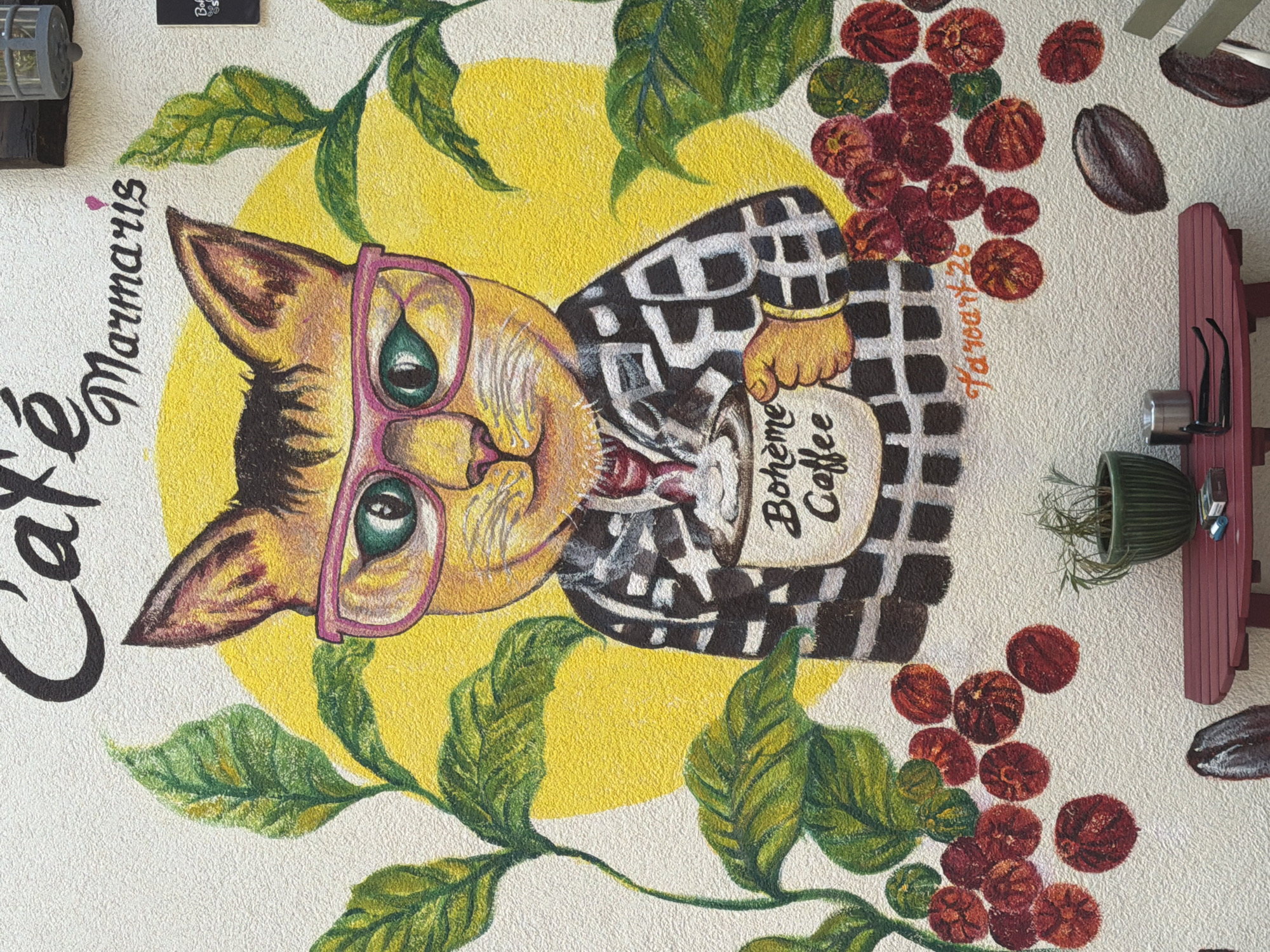 The image is a mural painted on an exterior wall, likely in Marmaris, Turkey, as indicated by the text "Marmaris" on the mural itself. The mural features a stylized, anthropomorphic cat wearing pink glasses and a checkered shirt, holding a coffee cup with "Bohème Coffee" written on it. The cat is depicted against a yellow circular background, surrounded by large green leaves and red coffee cherries. The text "Café" is written in black script above the cat's head. The lower part of the image shows a small red table with a potted plant, a metal ashtray, a pack of cigarettes, and a pair of sunglasses. In the bottom corners, there are painted representations of coffee beans. The mural has a textured finish, characteristic of painted stucco walls.