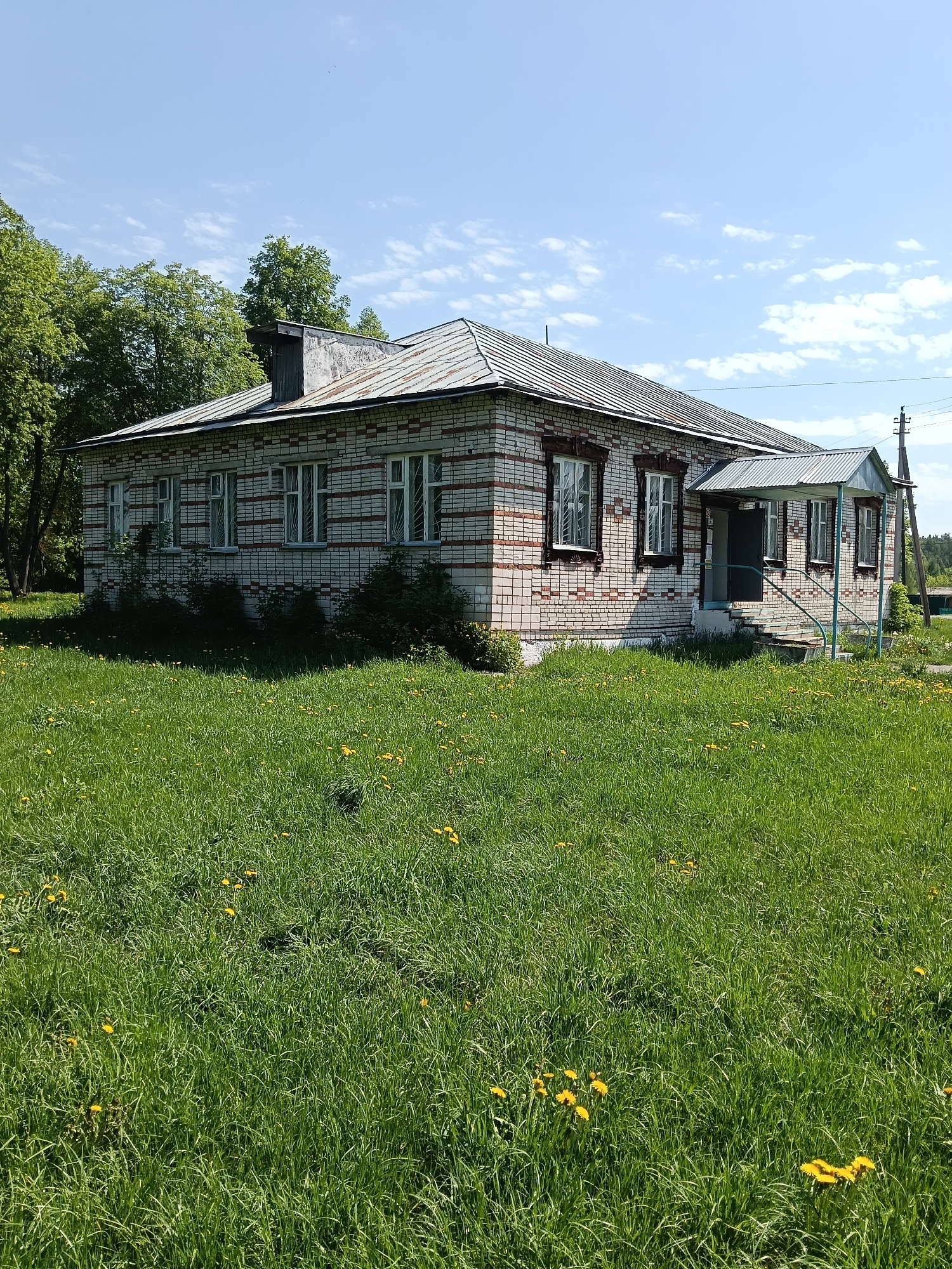 A single-story brick building with a metal roof stands in a grassy field with scattered yellow flowers, potentially dandelions. The building is light-colored brick with horizontal bands of red brick. It has a series of windows with white frames and dark trim. A covered entryway with steps and a metal railing is visible on one side. Trees are visible in the background under a partly cloudy sky. Utility poles are visible. The location is in the city of Красный Маяк, Russia.