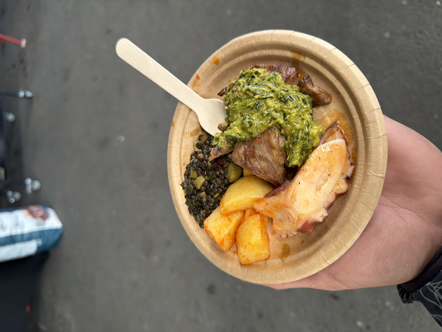 A close-up, high-angle shot shows a person holding a round, brown paper plate filled with various food items. The plate is held in the palm of a hand, with fingers visible gripping the underside. A light-colored wooden or compostable spoon rests on the upper left side of the plate.
The meal consists of several distinct components arranged on the plate. Towards the lower right, there are several pieces of cooked octopus tentacles, showing a pinkish-orange hue with some charring. Adjacent to the octopus, in the lower left quadrant, are golden-yellow chunks of roasted or boiled potatoes. Above the potatoes, a dark, granular mixture resembling black lentils is visible, interspersed with small, lighter green pieces, possibly olives or chopped vegetables. Towards the top center and left, several pieces of reddish-brown cooked meat, possibly pork or beef, are topped with a generous dollop of bright green, textured sauce or puree, which appears to be spinach-based or pesto. The bottom of the plate shows some liquid or sauce from the food.
The background is out of focus and appears to be a grey, paved surface, likely outdoors. On the far left, blurry elements suggest part of a metallic structure, possibly a cart or stand, and a white and blue object, perhaps a bag or package, are faintly visible. There is no visible text. The overall scene suggests a casual dining experience, possibly at an outdoor market or street food stall.