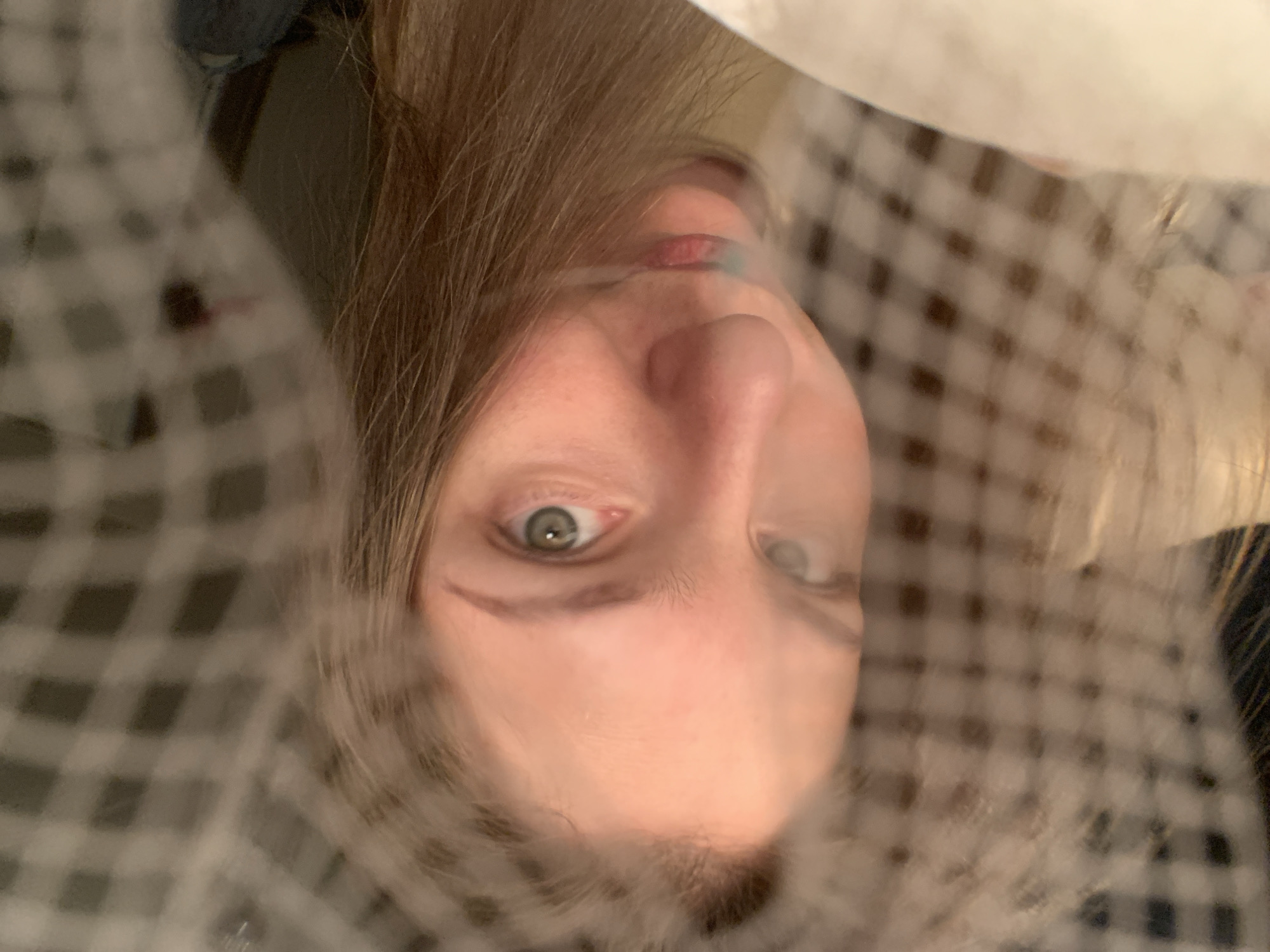 An upside-down, blurred image shows a person's face with fair skin, green eyes, and light brown hair. The person appears to be looking up at the camera. The image is somewhat obscured by a blurry checkered pattern. There is no indication of the image's location as Chaikovsky, Russia.