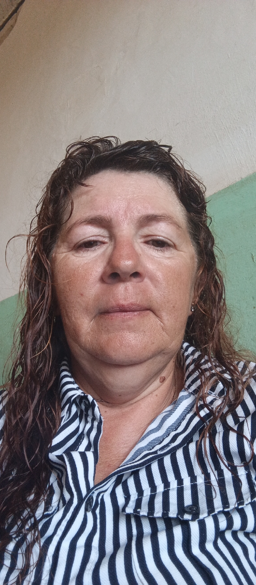 A medium shot shows a woman with long, dark, wavy hair framing her face. She is looking directly at the camera with a neutral expression. Her skin appears to have some wrinkles and sun spots. She is wearing a black and white striped button-down shirt. The background consists of a light beige wall and a portion of a green wall on the right. There are no visible indications of the specific location within Beregovoe, Ukraine.