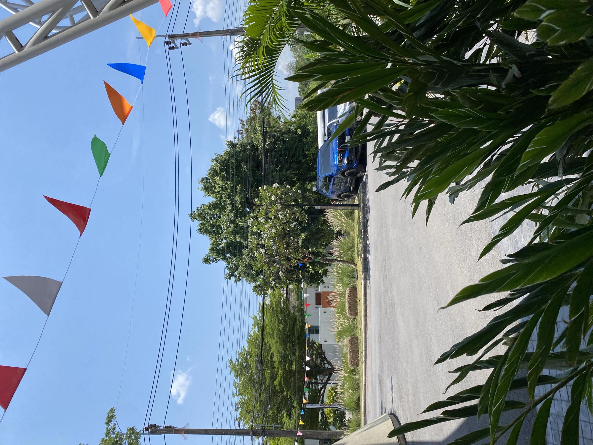 A street scene in Choeng Thale, Thailand is captured from a low vantage point. A gray concrete road dominates the foreground, flanked by verdant foliage on the right. A blue vehicle is parked along the roadside, partially obscured by dense vegetation. Overhead, a string of colorful triangular flags is suspended between utility poles, under a clear blue sky. Houses and trees are seen further down the street, adding depth to the landscape.