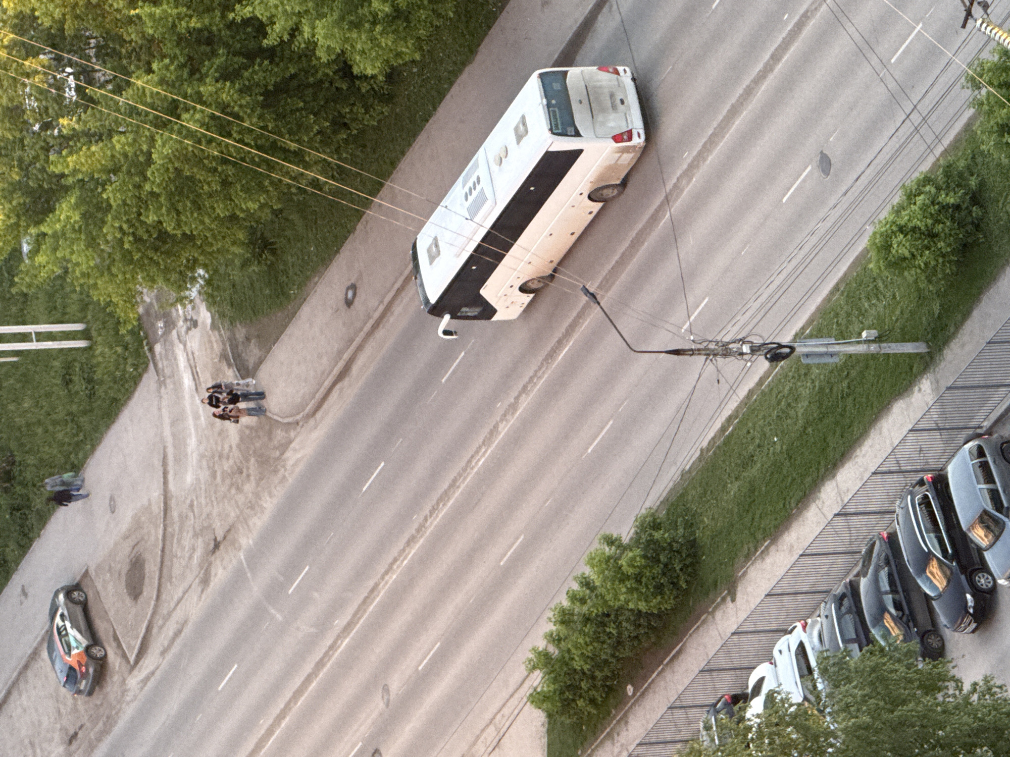 This high-angle, tilted photograph captures a street scene in Dikaya Gar, Russia, from an elevated perspective, possibly from a building or drone. The main subject is a white and black coach-style bus, which is stationary and positioned diagonally across the asphalt road, with its rear section partially on the shoulder.
The road features white lane markings and some indistinct wet or dirt streaks. Numerous utility poles and a dense network of overhead wires are visible throughout the frame, particularly prominent in the upper left and middle right. Lush green trees line the left side of the road and also separate the street from a structured parking area on the right.
On the left side of the road, a group of three to four people are standing together on the sidewalk, appearing to observe the scene. Further down the sidewalk, two other individuals are visible near a dark car with orange and green accents, which is parked partially on the curb. On the far right, a row of at least seven cars, including white, black, and grey models, are neatly parked perpendicular to the curb, facing away from the street.
The lighting suggests it is daytime, possibly late afternoon or early evening, characterized by soft illumination and the vibrant green of the foliage. There are no overt signs of distress or a dynamic event, but the bus's unusual positioning implies a potential traffic obstruction or the aftermath of an incident. No discernible text is clearly visible on any objects. The scene conveys a somewhat peculiar yet calm urban moment.