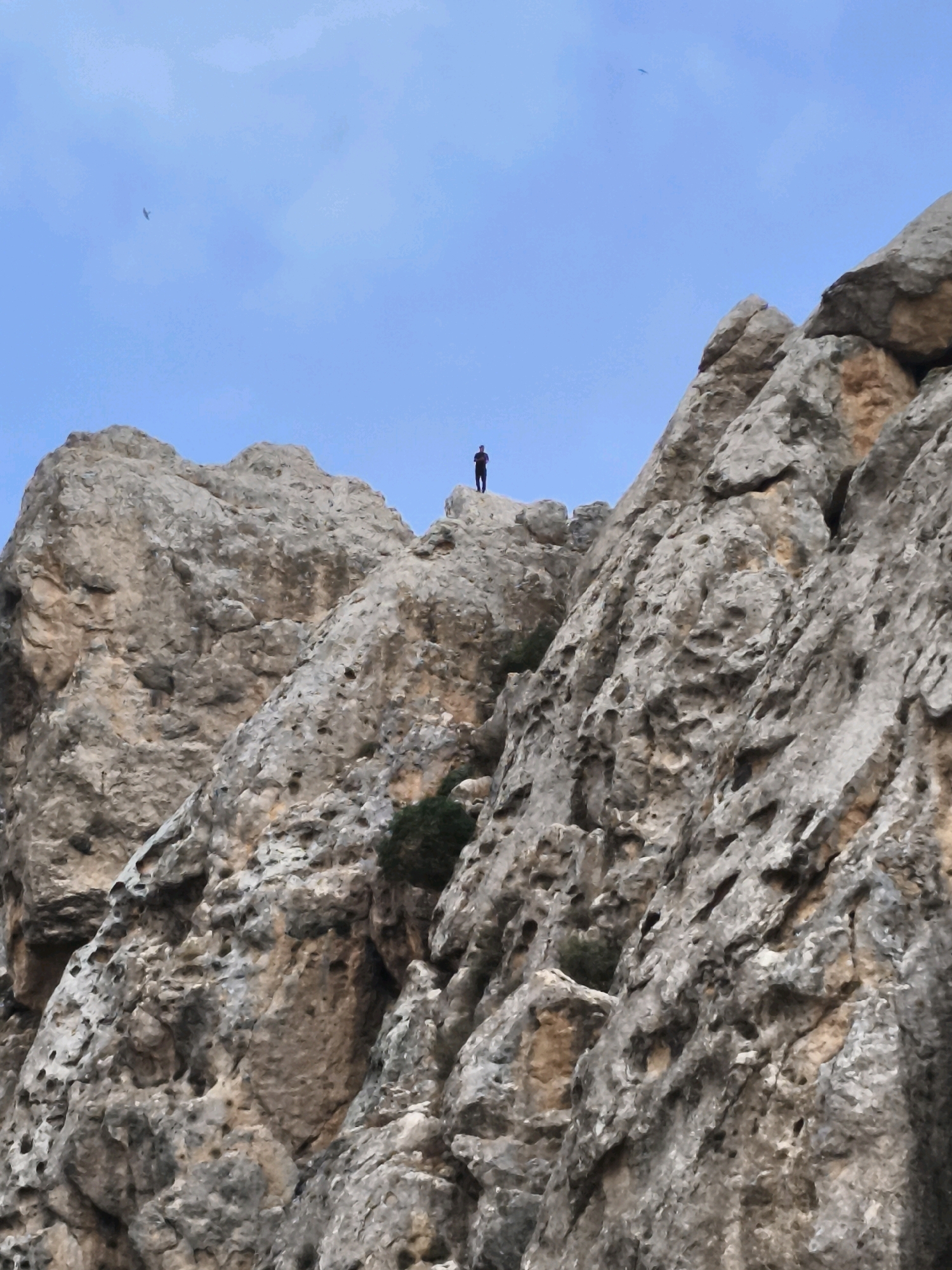 In Qalaşıxı, Azerbaijan, a lone individual stands atop a rugged, rocky outcrop, silhouetted against a clear blue sky. The terrain is characterized by large, weathered rock formations with visible crevices and textured surfaces. A small patch of green vegetation is present on the side of one of the rocks. Two birds are visible in flight in the sky above the rocks. The perspective is from below, looking up at the person and the mountainous landscape.