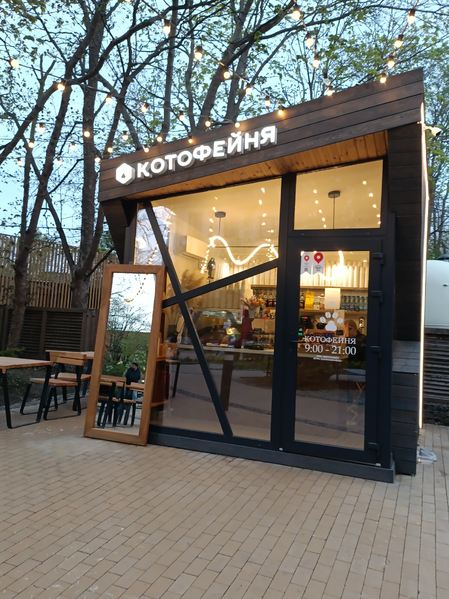 The image shows the exterior of a cafe called "Kotofeynya" located in Zelenogradsk, Russia. The cafe is a small, modern-style structure with a dark wood exterior and large glass windows. The name of the cafe is written in Russian on the top of the building. A wooden-framed mirror leans against the building near a set of tables and chairs. Strings of lights hang above the cafe. The cafe appears to be open as indicated by the opening hours of 9:00-21:00 displayed on the door. A person's reflection can be seen in the mirror. The ground is paved with light brown rectangular pavers. Trees are visible in the background.