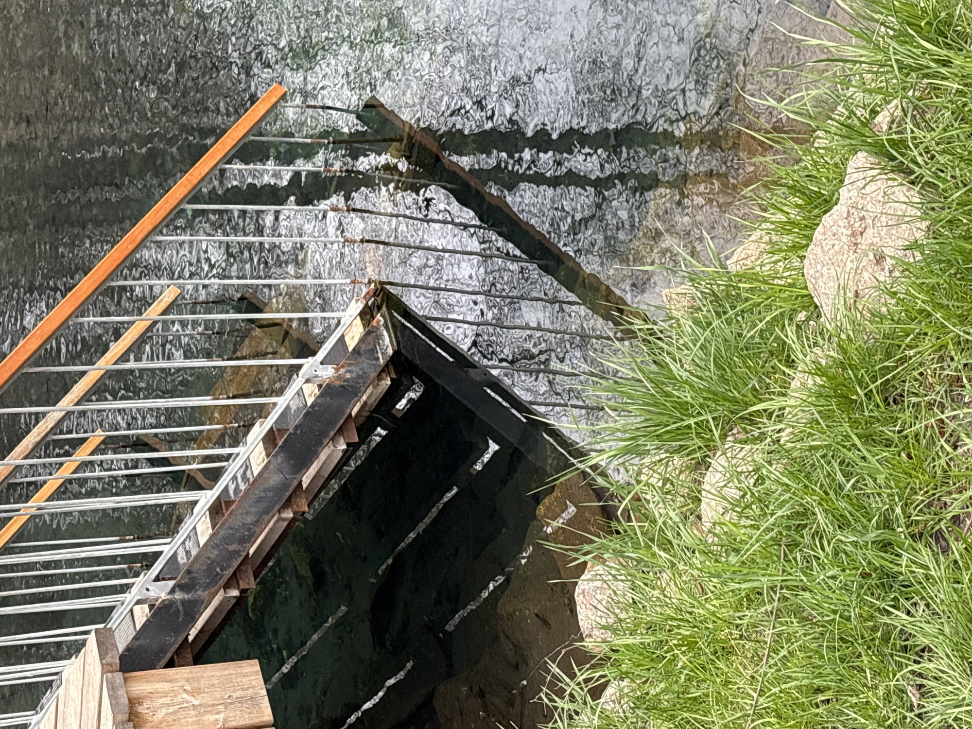 The image captures an outdoor scene in Sdt Shcherbakovka, Russia, primarily featuring a body of water, a man-made structure, and a grassy bank.
The main subject is a structure composed of numerous horizontal metal bars, resembling a grate or barrier, which extends into the water from the left side of the frame. Some parts of this structure include wooden components, notably a long, orange-brown wooden beam angled diagonally in the upper left, and dark metal beams with supporting wooden slats beneath them in the lower left. The water exhibits a heavily rippled surface, indicating movement or reflections, and appears darker in areas directly beneath the structure, suggesting depth or shadow.
On the right side of the image, there is a vibrant green bank covered in lush grass. Several light-colored rocks are visible nestled within the grass, bordering the water's edge.
No people are present in the image, and no specific activity is taking place beyond the apparent presence of the water and the static structure. The lighting suggests it is daytime. There is no visible text.