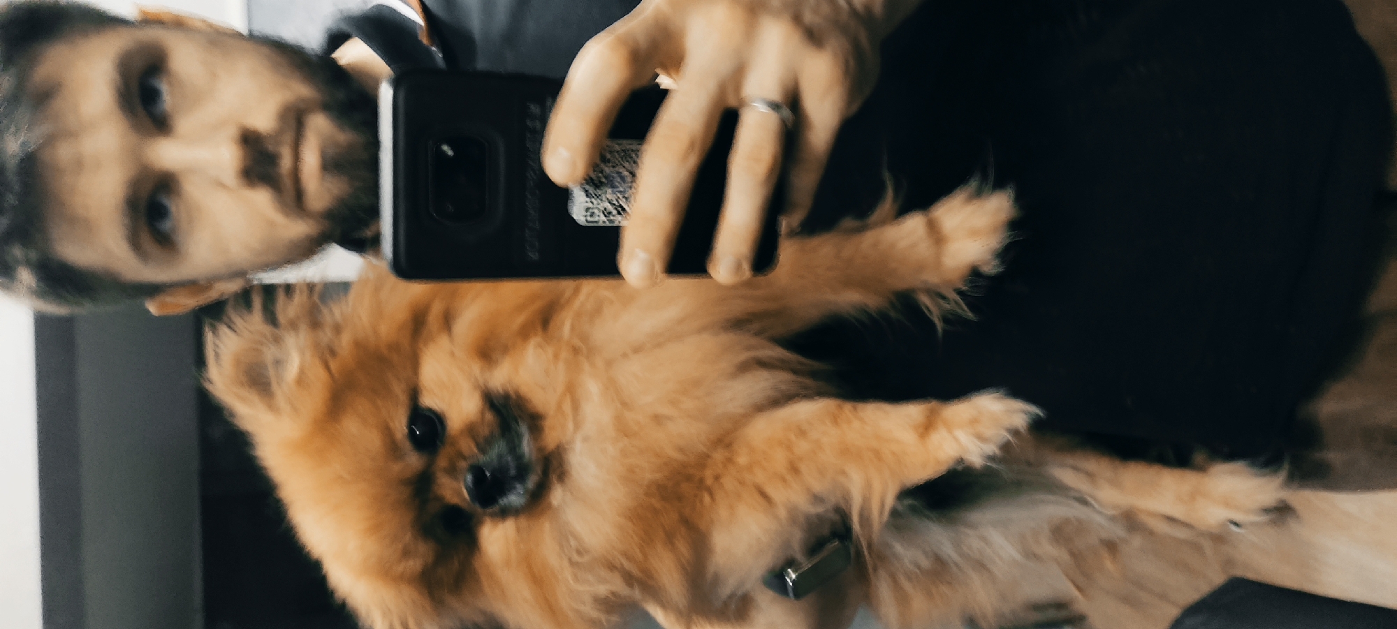 A man and his dog are featured in a vertically oriented selfie, taken indoors. The man, who has a beard and short dark hair, looks towards the camera with a neutral expression. He is wearing a dark colored top. His right hand holds a black smartphone, positioning it to capture both himself and the dog. A silver-toned ring is visible on the ring finger of his left hand.
Resting with the man is a fluffy, light brown Pomeranian dog, also looking towards the camera with dark, alert eyes and a black snout.
The back of the smartphone is visible, showing a camera module with at least two lenses. A small, white sticker containing a QR code is affixed to the phone's back, partially covered by the man's fingers. Below the camera module, the text "Made in Vietnam" is faintly discernible. The background of the image is largely dark and indistinct, suggesting an indoor setting. The image portrays a relaxed and affectionate moment between the man and his pet. The location context provided for this image is Fryazino, Russia.