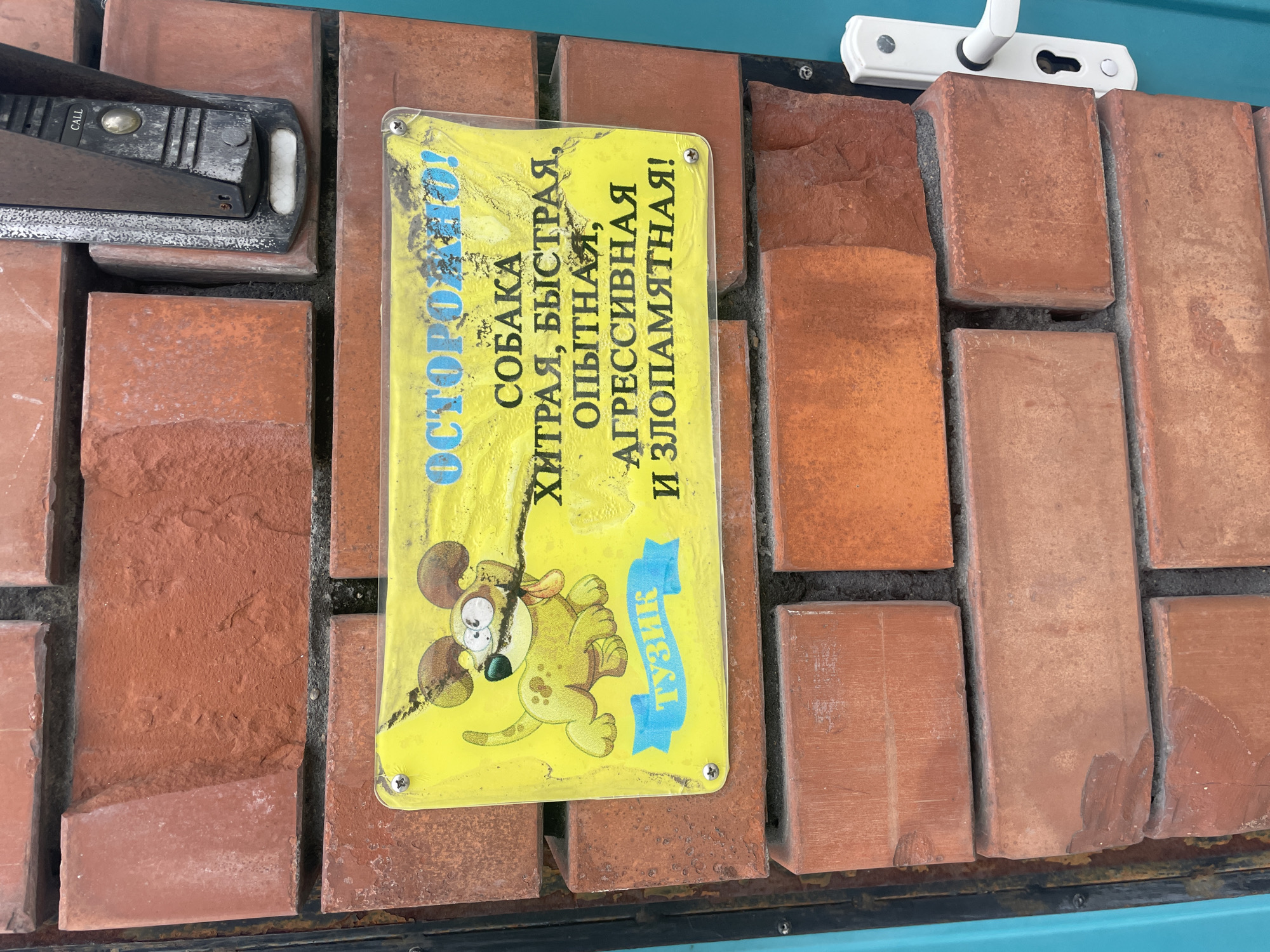This is a close-up shot of a yellow sign attached to a brick wall, likely near a doorway as there's a doorbell button and a door handle visible in the upper area. The sign features a cartoonish drawing of a dog and a warning in Russian, stating "ОСТОРОЖНО!" (Caution!) followed by "СОБАКА ХИТРАЯ, БЫСТРАЯ, ОПЫТНАЯ, АГРЕССИВНАЯ И ЗЛОПАМЯТНАЯ!" (Dog is cunning, fast, experienced, aggressive, and vindictive!). The name "ТУЗИК" (Tuzik) is on a banner on the sign. The sign is secured to the brick wall with screws. The environment appears to be the exterior of a building, possibly a residential property, in the city of Olginka, Russia.
