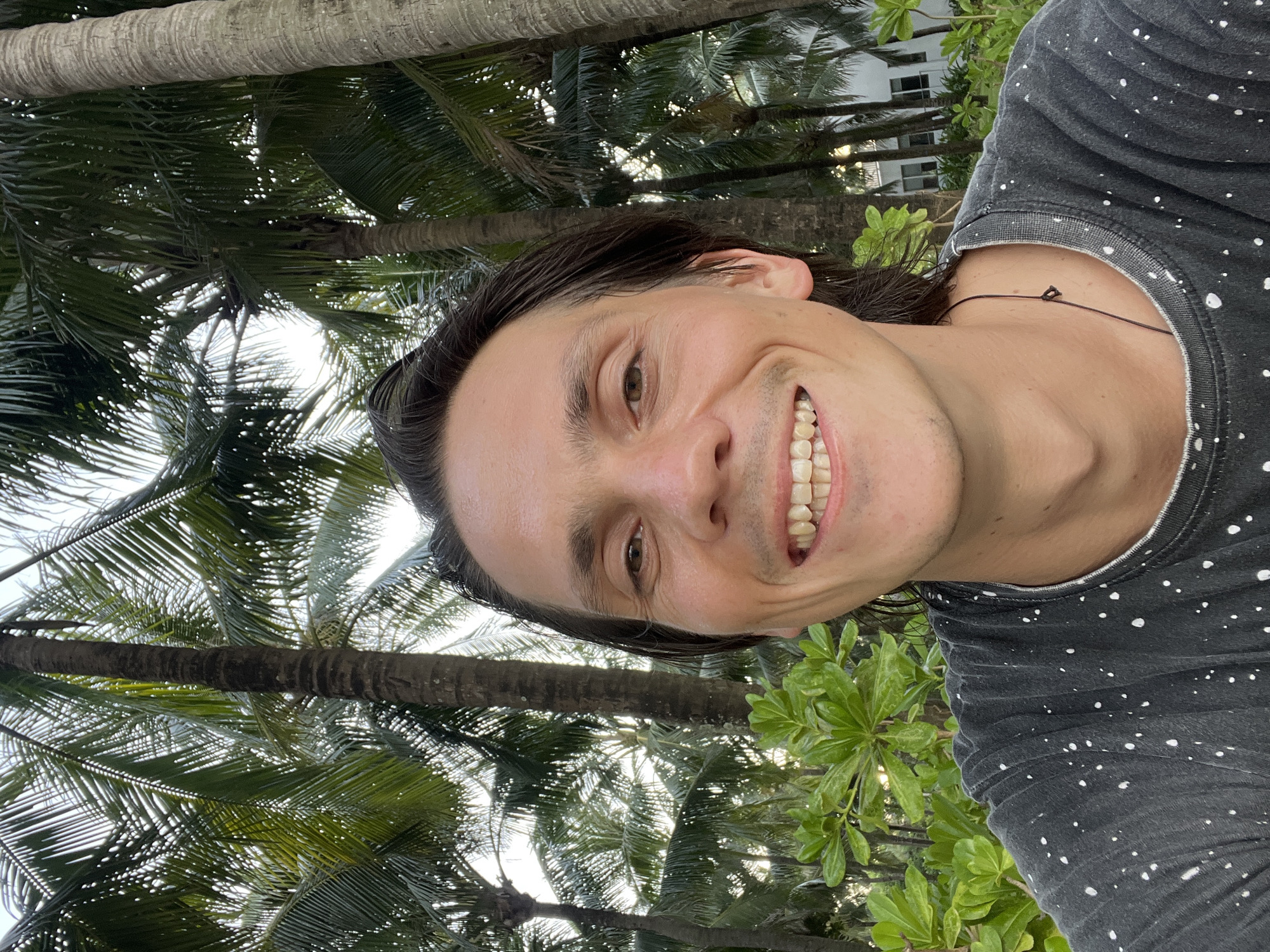 In Đà Nẵng, Vietnam, a man is photographed in a selfie taken outdoors. He is positioned in the center of the frame, with the upper half of his body visible. He has dark, shoulder-length hair and a light complexion, with a broad smile revealing his teeth. The man is wearing a dark gray t-shirt with a speckled white pattern.
Behind him, a lush tropical environment is evident. Tall palm trees with fronds dominate the background, their trunks creating vertical lines. Green foliage, possibly from bushes or smaller trees, occupies the lower portion of the background, providing a verdant contrast to the palm trees. Sunlight filters through the palm fronds, creating a dappled light effect. In the far background, the upper floors of a building with windows can be seen peeking through the trees, suggesting an urban or resort setting within a tropical landscape. The overall impression is one of a sunny day in a warm climate.