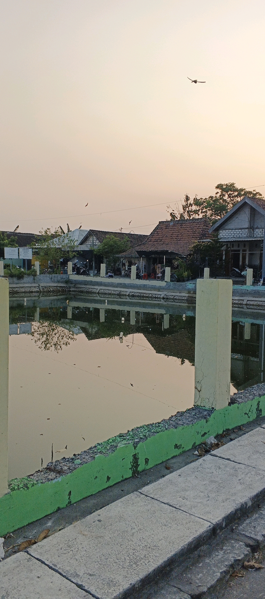 The image depicts a tranquil scene near a body of water, likely a pond or small lake, in Porodeso, Indonesia. The sky is a soft, peachy hue, suggesting either sunrise or sunset, with a lone bird in flight. Along the far bank of the water are several modest, single-story houses with tiled roofs, typical of Indonesian residential architecture. In front of the houses, there are parked motorcycles and some scattered seating, indicating a residential or small commercial area. The water itself is calm and reflects the houses and the sky, creating a mirror-like effect. The foreground features a concrete walkway with a green-painted barrier along the edge of the water. The overall impression is one of quiet, everyday life in a Southeast Asian village setting.