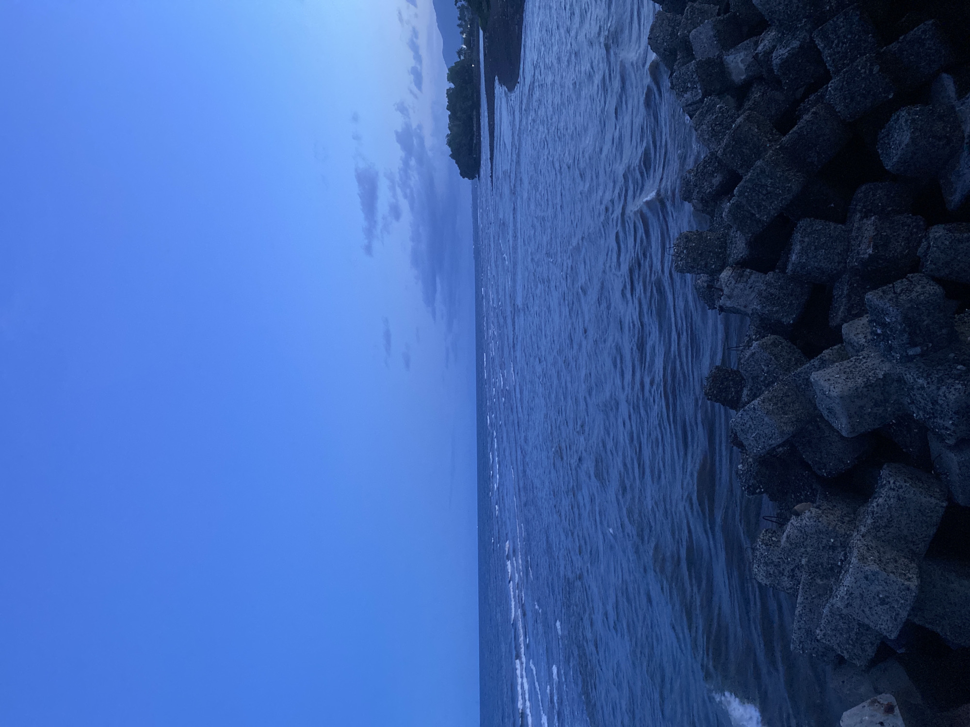 The image depicts a coastal scene at dusk, likely taken from a breakwater or seawall composed of large, gray concrete blocks in the foreground. The sea is moderately choppy with small waves creating whitecaps. In the distance, a tree-covered landmass juts into the sea, with hints of lights from a settlement or structures on the shore. The sky is a deep, uniform blue, transitioning to a lighter shade near the horizon, with some faint clouds visible. The overall ambiance suggests twilight. This type of coastal landscape with concrete breakwaters is characteristic of areas along the coast of Davao City, Philippines, which experiences significant coastal development and is prone to typhoons, necessitating such protective structures.