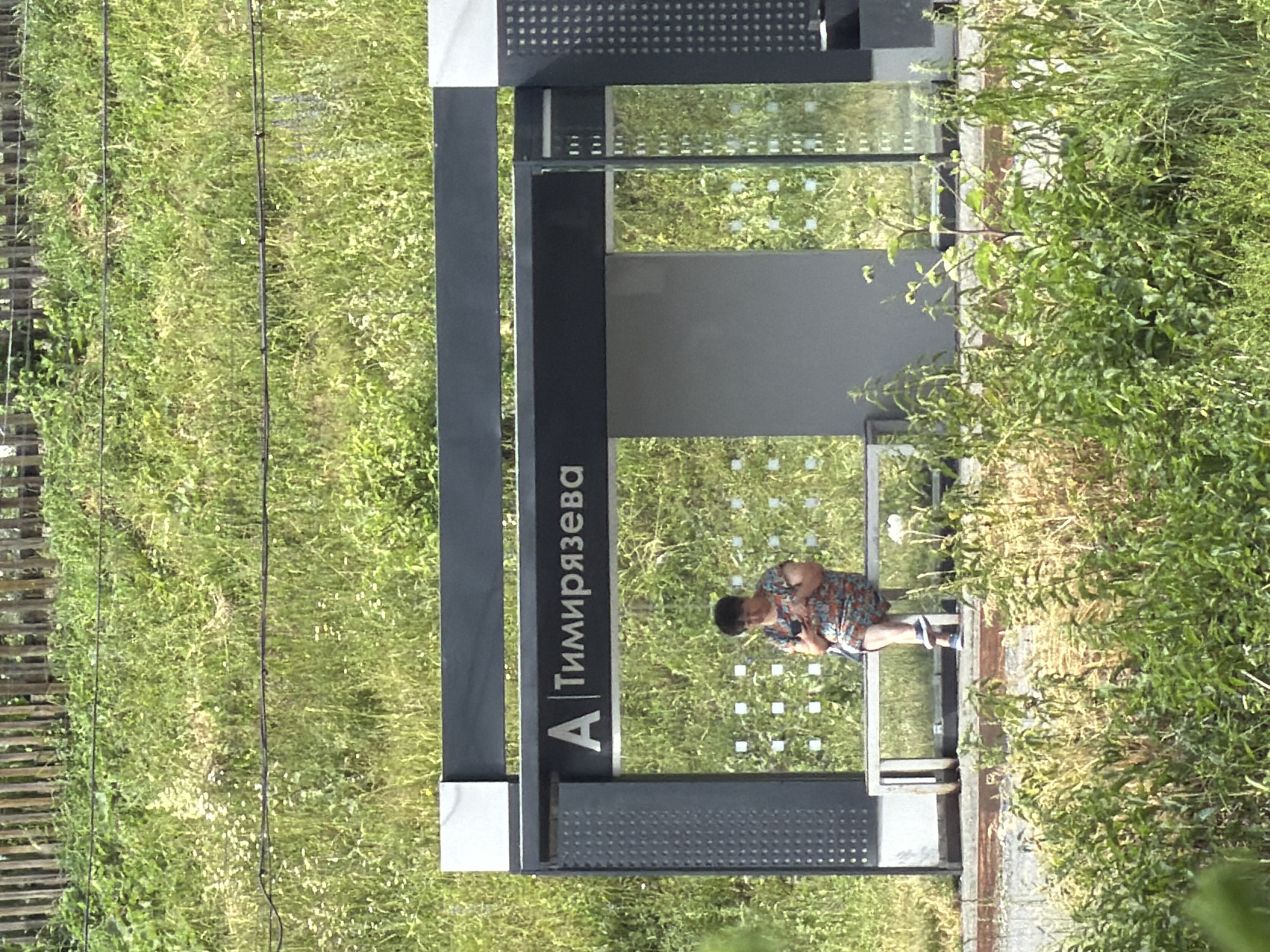 An elderly woman sits alone on a bench at a bus stop. She wears a colorful floral-print dress and holds a smartphone in her hands. The bus stop has a modern design with metal framing and glass panels. The background consists of a grassy slope with a wooden fence at the top, suggesting a semi-urban or suburban setting. The name of the bus stop, "Тимирязева" (Timiryazeva), is visible on the sign. The overall scene is one of quiet waiting in an outdoor environment.