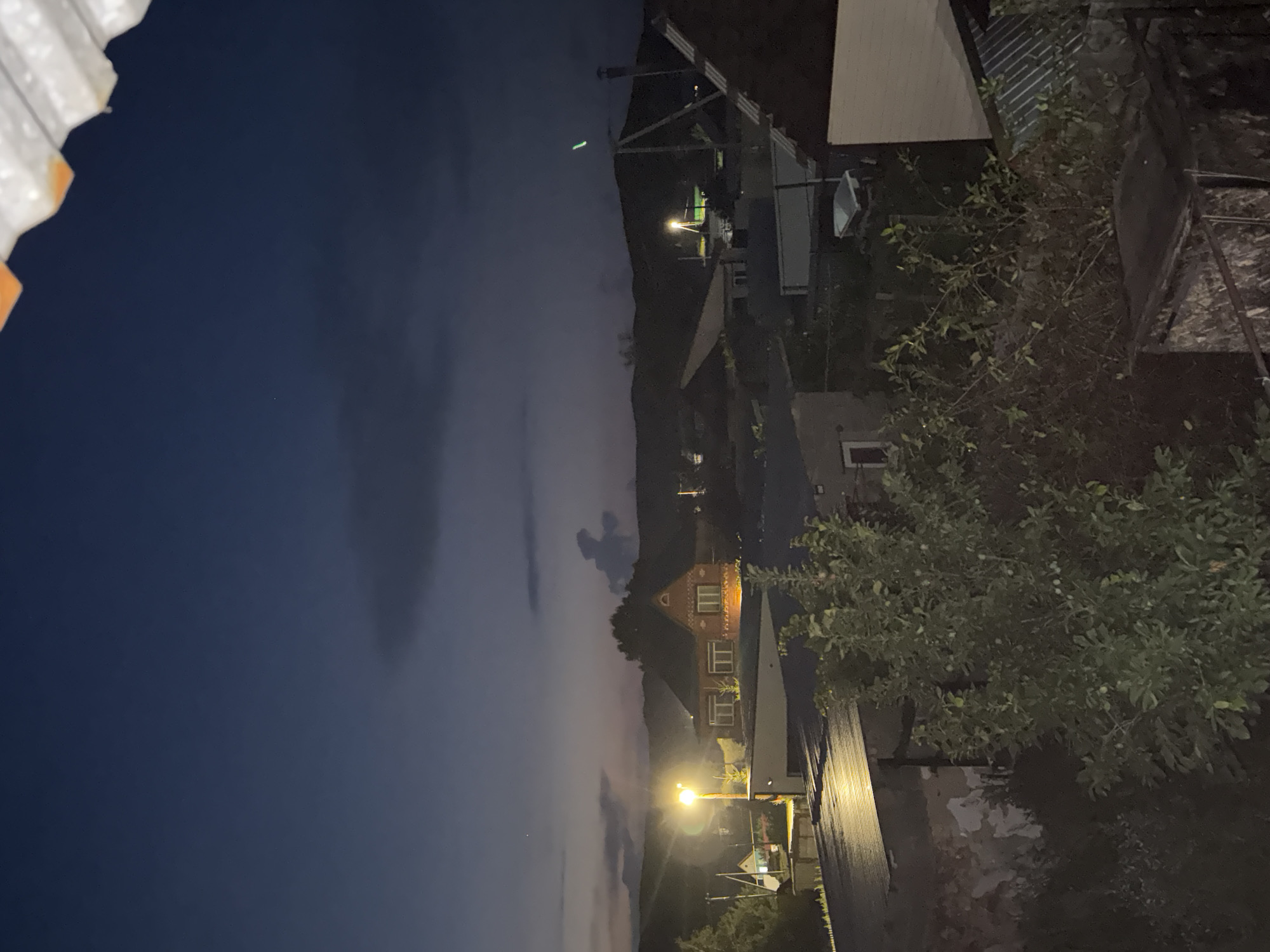 An elevated nighttime view captures a rural or suburban landscape with scattered buildings and hilly terrain under a dark blue sky with faint clouds. In the foreground, a dense, leafy tree with small, round fruits is partially visible. To the left, a dilapidated building with peeling paint is illuminated by artificial light. A corrugated metal roof is visible in the mid-ground.
Further into the scene, a brick house with prominent windows stands out, illuminated by a bright outdoor lamp to its left. Several other smaller structures and buildings are scattered throughout the landscape, some with lights on. In the distance, rolling hills form the backdrop, and a few faint lights can be seen on the horizon. A tall, metal structure with a green light on top is visible on one of the distant hills. The overall impression is one of a quiet, dimly lit evening in a rural or semi-rural setting. It is impossible to definitively determine the exact location within Mednogorsk, Russia, from the visual information provided.