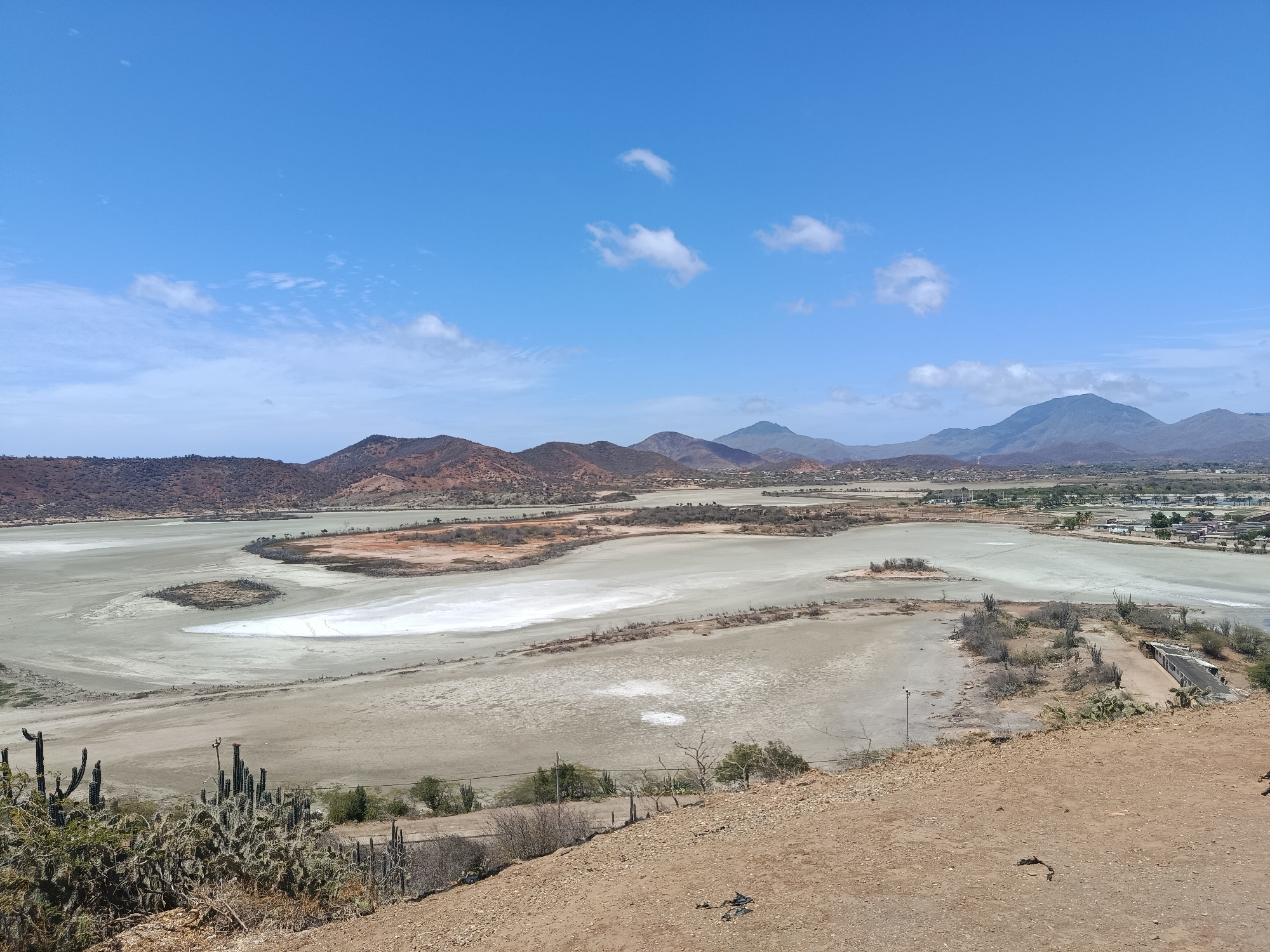 The image depicts Laguna de las Marites near Juan Griego, Venezuela, viewed from an elevated vantage point. The foreground is dominated by a barren, reddish-brown earthen slope with sparse vegetation, including cacti.
In the midground, a shallow, grayish-white lagoon extends across the scene. The lagoon shows areas of dried mud flats, patches of water, and small, scrub-covered islands.
Beyond the lagoon, a series of low, reddish-brown hills stretch across the horizon. The right edge of the image shows a portion of the city of Juan Griego, with buildings and some greenery. The sky is blue with scattered white clouds. No people or animals are visible.