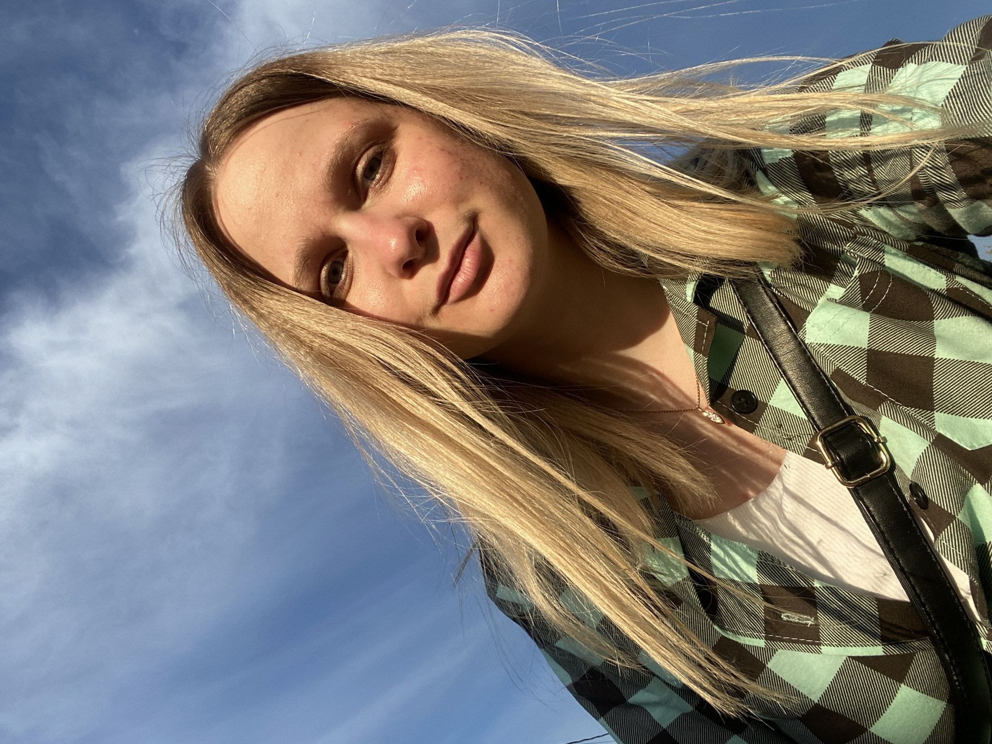 A young woman with long, straight blonde hair is captured in a selfie-style shot, looking directly at the camera with a subtle, pleasant smile. Her face is well-lit by natural sunlight, showing some natural skin texture and minor blemishes. She is wearing a button-up plaid shirt featuring a pattern of black/dark brown and mint green squares, layered over a white top. A delicate necklace with a small, shiny pendant is visible around her neck. A black leather shoulder bag with a gold buckle crosses her chest. The background consists of a clear blue sky with scattered wispy white clouds, indicating an outdoor setting on a sunny day. The low camera angle suggests the photo was taken looking up at the subject. The location context is Chaikovsky, Russia. No visible text is present in the image.