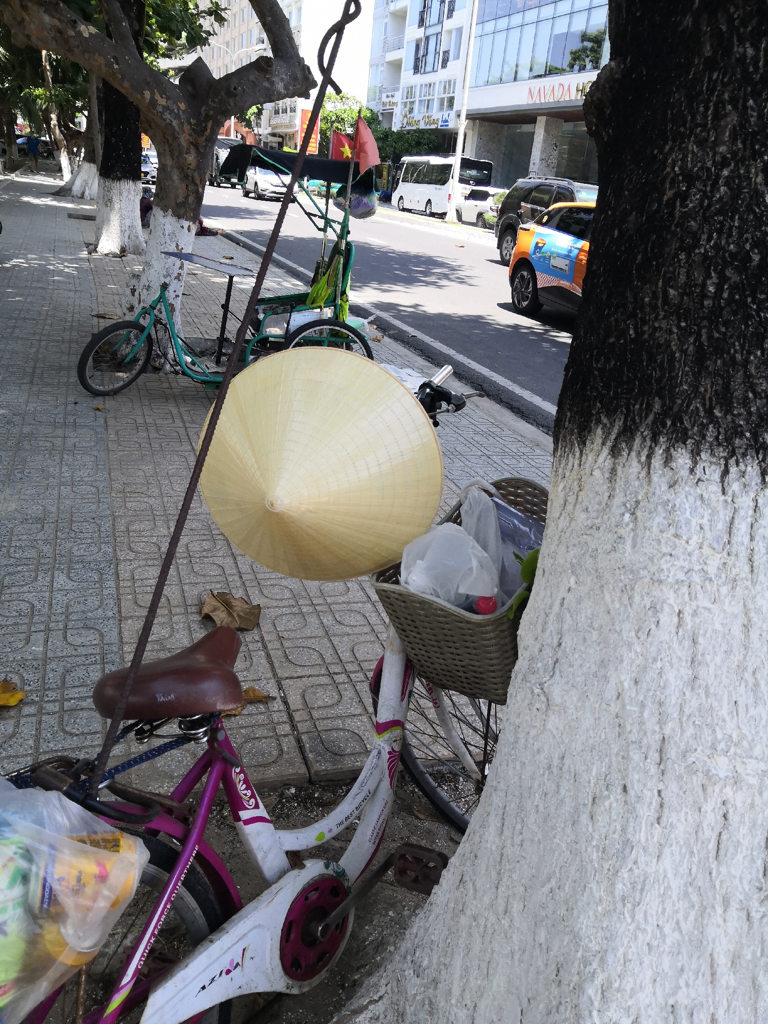 This image captures a street scene in Bac Nha Trang Ward, Vietnam, under daylight conditions. The foreground on the right features the rough-barked trunk of a large tree, painted white from the ground up to approximately mid-height, then transitioning to its natural dark color. Leaning against an unseen support in the lower-left is a pink and white bicycle equipped with a brown saddle marked "TALJA" and a front basket filled with plastic bags containing various items. The bicycle's frame partially displays "QUICK FORCE OVERTHERE."
Centered in the frame, a light-colored, woven conical hat (nón lá) hangs suspended from a dark, rustic carrying pole that extends diagonally from the lower left to the upper right. To the left of the pink bicycle, a teal-colored bicycle with a low frame is parked on the patterned concrete sidewalk. Further along the sidewalk, a green and black cyclo (pedicab) is visible, bearing a small red Vietnamese flag with a yellow star.
The sidewalk is paved with square concrete tiles and shows scattered dry leaves. Several trees with similarly whitewashed lower trunks line the sidewalk. An asphalt road runs parallel to the sidewalk, accommodating various vehicles including an orange and blue car with prominent advertising, a black SUV, a white minivan, and a white sedan. In the background, multi-story buildings line the street. A significant structure displays a large sign reading "NAVADA HOTEL," while an adjacent building to the left features a partially visible sign indicating "MINH HUNG VING HOTEL."