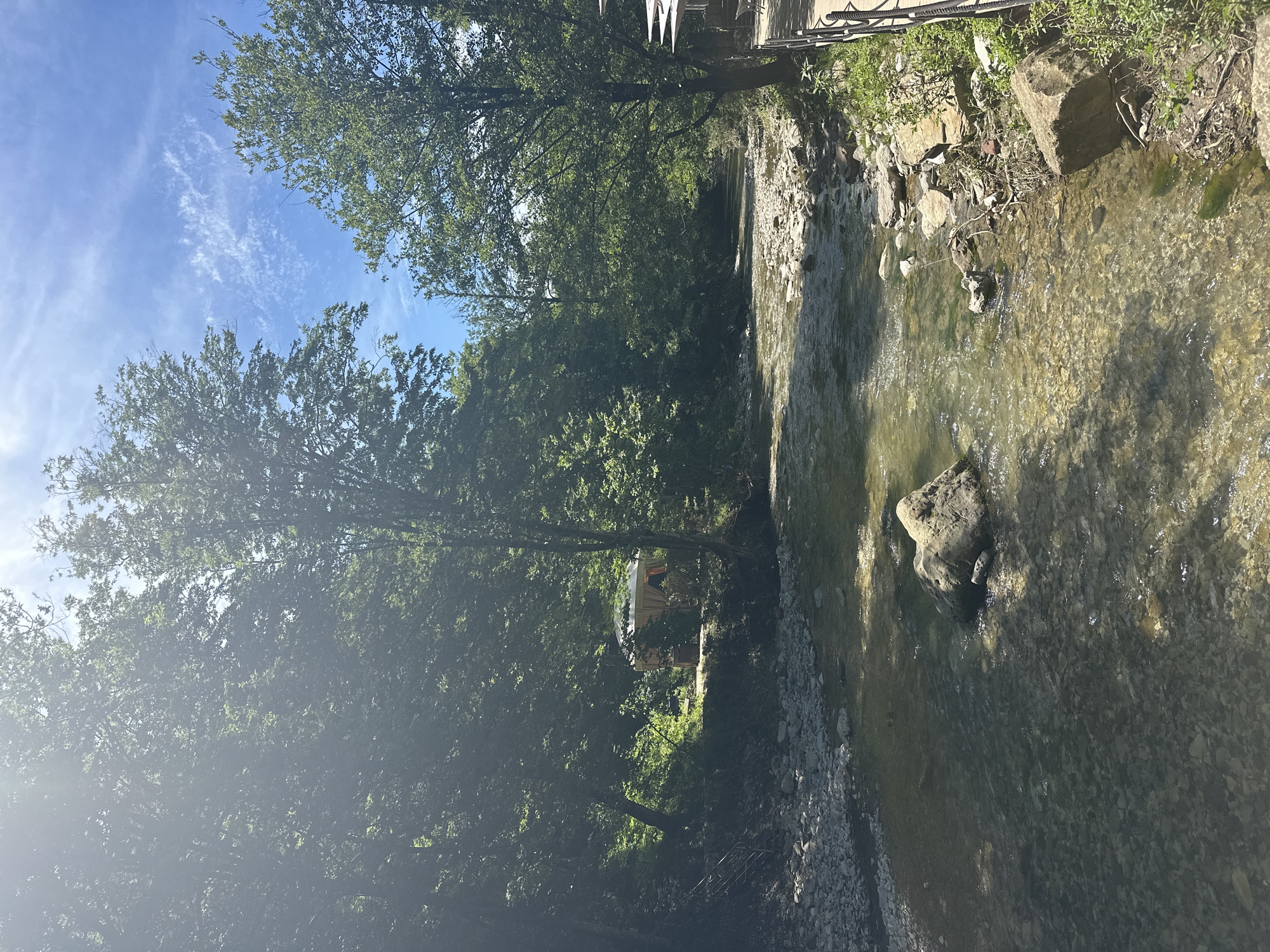 The image depicts a sun-drenched, natural scene of a shallow, rocky river flowing through a forested area. The riverbed is visible, with clear, shallow water flowing over a bed of pebbles and larger rocks. Sunlight filters through the dense green canopy of trees lining the banks, casting dappled shadows on the water and ground.
On the left bank, a small, light-colored gazebo or canopy structure is visible amidst the trees, appearing to be a sheltered seating or resting area. A set of metal stairs descends towards the river on the far left.
The right bank of the river features a wooden deck or walkway with railings, indicating a man-made access point or viewing area. Some chairs and tables are visible on this deck, suggesting it's part of an outdoor seating area for a facility.
The sky above is a bright blue with scattered white clouds. The overall impression is one of a tranquil, natural environment, likely a park or recreational area within the city of Shirokaya Schel, Russia, where visitors can relax and enjoy the riverside scenery. There are no people visible in the image.