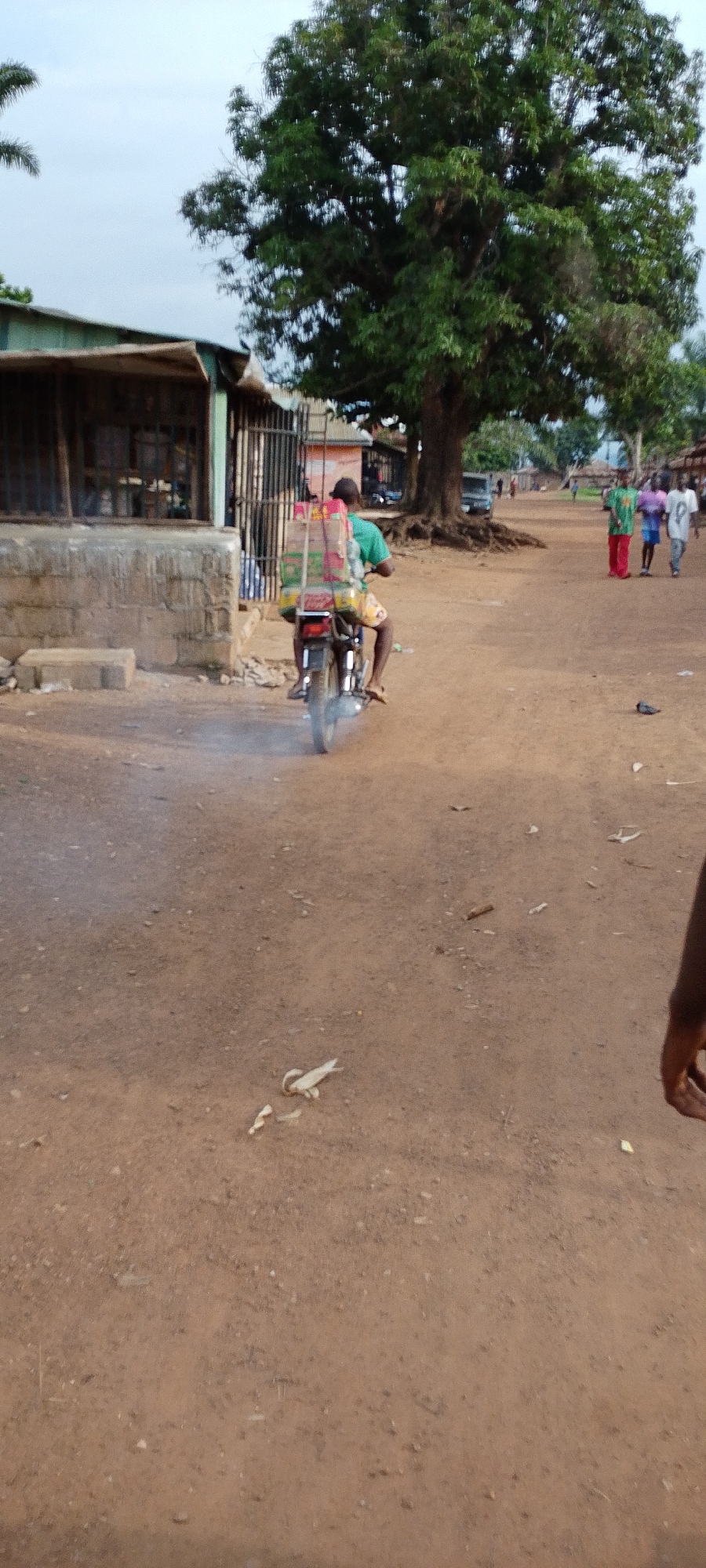 In Gumel, Nigeria, a person rides a motorcycle with a large stack of goods on the back. The person is wearing a green shirt and patterned shorts. The motorcycle is moving forward on a dirt road. In the background, there are buildings, trees, and other people walking. The sky is overcast.