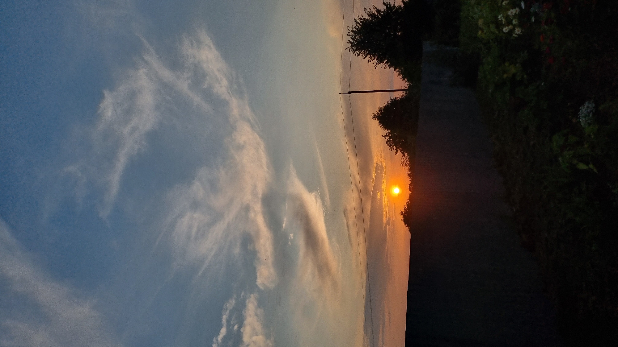 An outdoor, vertical, full shot captures a sunset in Vysokoe, Russia. The sun, a bright orange orb, is low on the horizon, casting a warm glow across the sky. Wispy, white clouds streak across the blue expanse, catching the light. In the foreground, a dark, textured fence runs horizontally, partially obscuring a shadowy garden area filled with greenery and some faint, colored flowers. Silhouettes of trees rise above the fence on the right side, and a single utility pole with wires is visible near the center. The overall scene depicts a tranquil evening with the sun setting over a residential area.