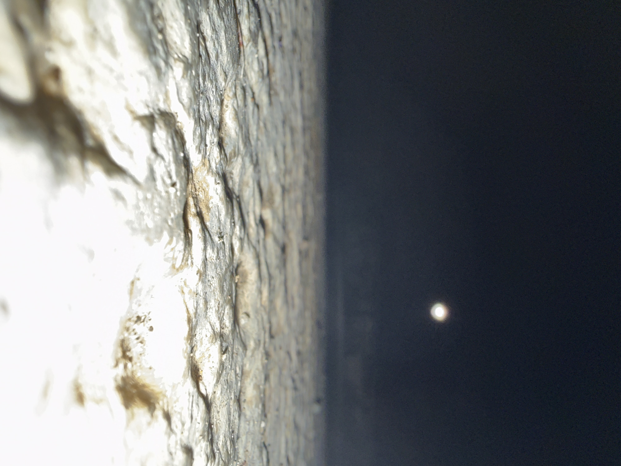 This is a low-angle, close-up shot of a textured, rocky surface, possibly pavement or natural stone, illuminated by a bright light source creating strong highlights and shadows. The surface appears wet or reflective. In the upper background, a dark, hazy sky is visible with a blurry, bright circular object that could be the moon or a distant light. The scene is devoid of any people or specific identifiable landmarks that would suggest the location within the city of Tyulenovo, Bulgaria.
