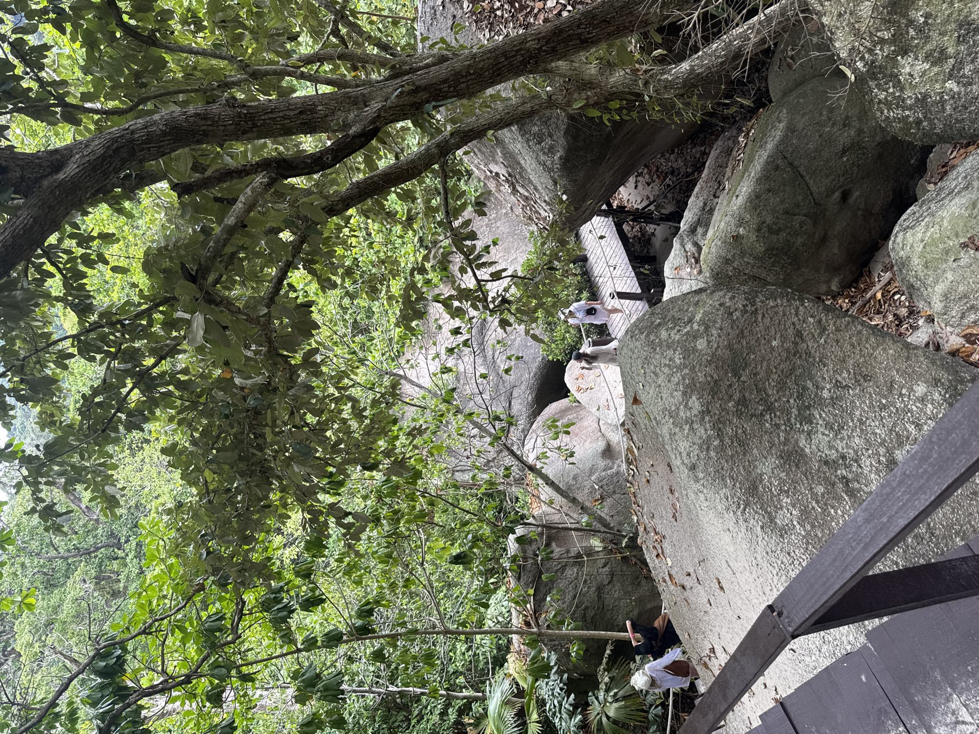 The image depicts a rocky, forested landscape in Tambon Lam Kaen, Thailand. Large granite boulders dominate the scene, interspersed with lush green vegetation. A wooden walkway with railings traverses the uneven terrain. Two people are visible on the walkway: one near the bottom of the frame appears to be standing and another is walking on the walkway higher up. The scene is partially shaded by an overarching tree.