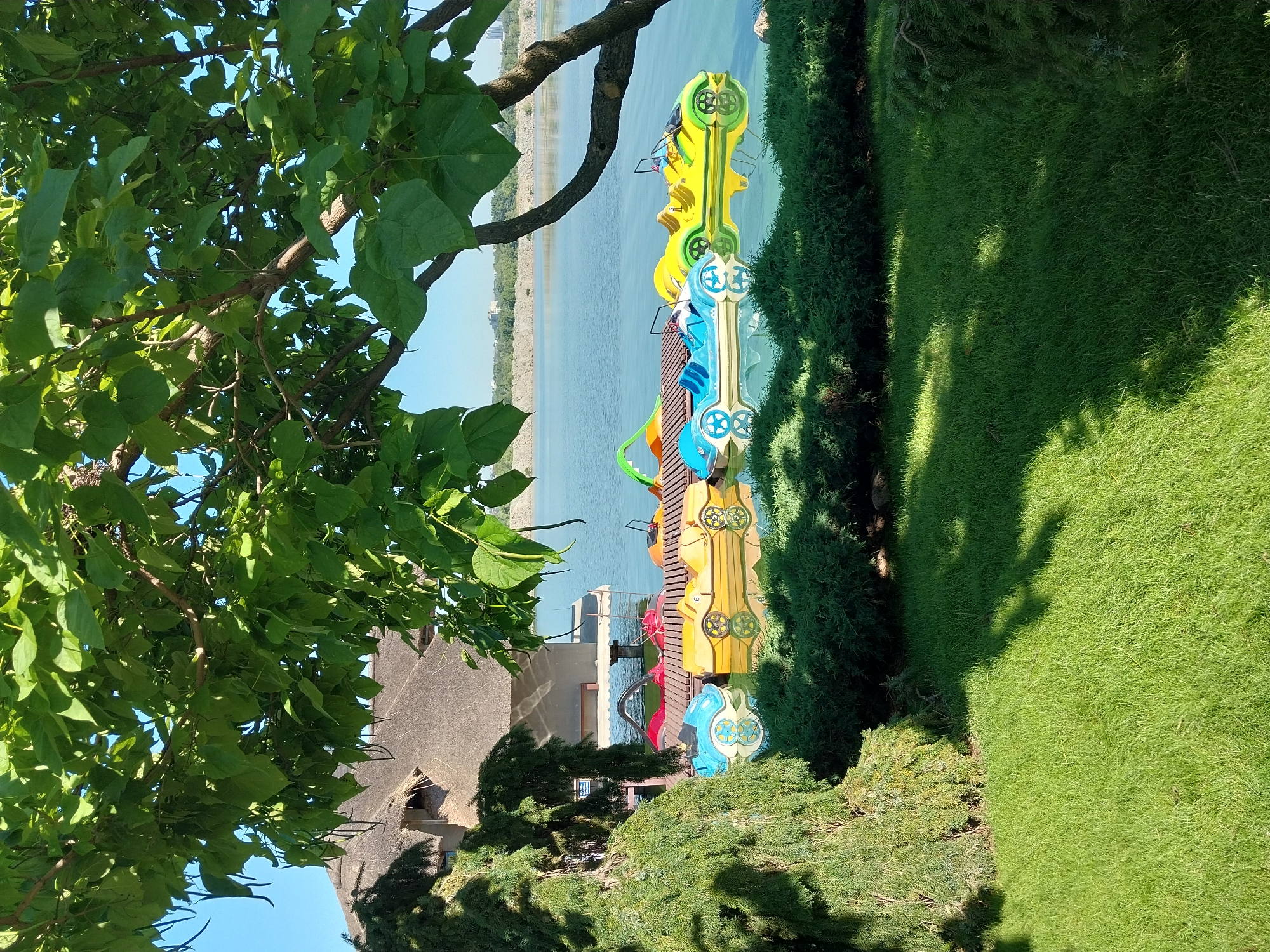 This image depicts a scenic view of a waterfront area in the city of Dnipro, Ukraine. The foreground is dominated by a lush green lawn and manicured bushes. A large tree with vibrant green leaves partially obscures the view, casting shadows on the grass. In the middle ground, a calm body of water, likely a lake or river, is visible. Several colorful pedal boats, designed to resemble cars and a dinosaur, are docked at a wooden pier. Behind the boats, a building with a thatched roof, possibly a restaurant or boathouse, stands on stilts over the water. The background shows a gently sloping embankment and a hazy skyline with buildings in the distance. The sky is clear and blue, indicating a sunny day. There are no people visible in the image.