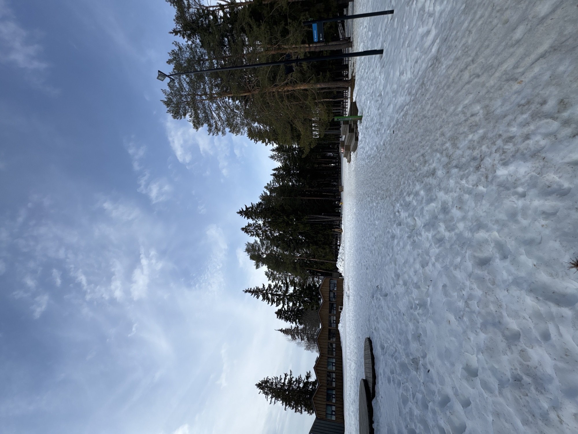 The image shows a snowy landscape in Votkinsk, Russia. The ground is covered in snow. A line of trees stands along the edge of the snow, and behind the trees is a building. The sky is visible above the trees, with some scattered clouds. A lamppost is visible on the left side of the image.