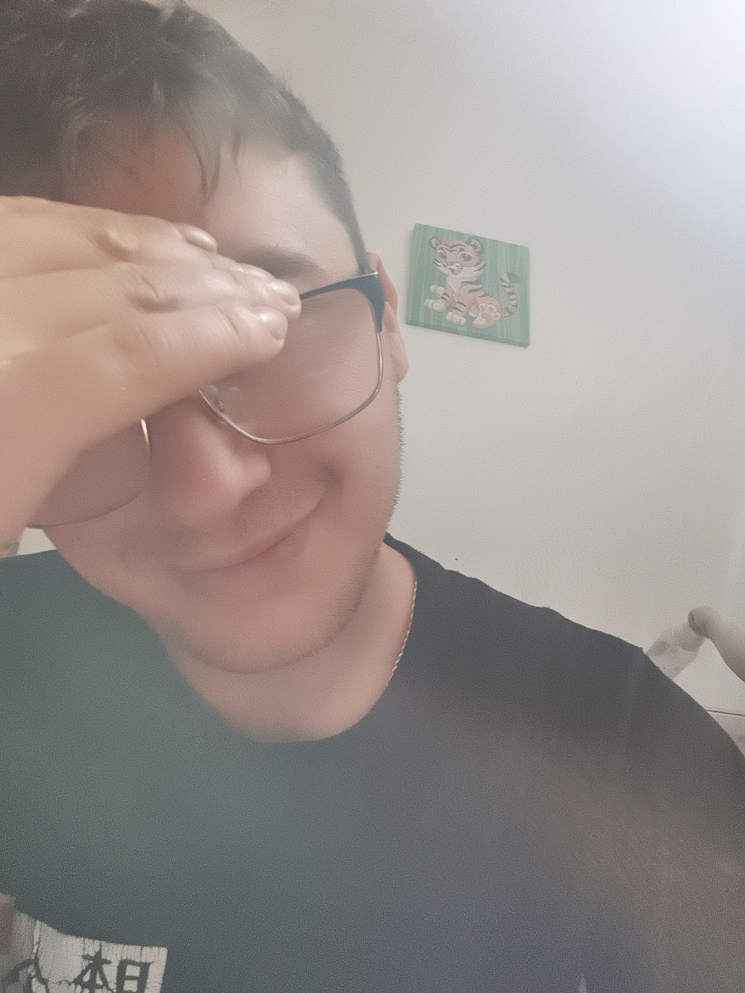 A selfie-style, medium-shot photograph features a person with fair skin and short, dark hair wearing glasses and a dark T-shirt. The person's right hand is raised, partially obscuring their face. A small, framed picture of a cartoon tiger is visible on the off-white wall in the background. The image appears to have been taken indoors. The location is not discernible from the provided image.