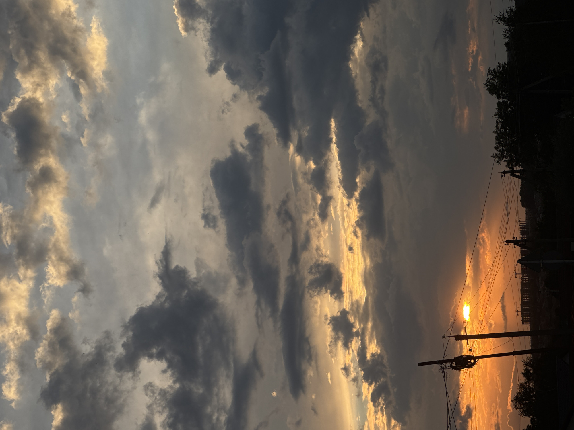The image captures a dramatic sunset over Mikhaylovsk, Russia. The sky is filled with a dynamic mix of dark, ominous clouds and bright streaks of orange and yellow light, suggesting the sun is low on the horizon. The contrast between the dark and light areas creates a sense of depth and intensity in the sky.
In the foreground, a utility pole with numerous wires is silhouetted against the vibrant sunset, with another pole visible further in the distance. The wires create a web-like pattern across the frame, adding a man-made element to the natural scene. To the right, the silhouette of trees and buildings is visible, further grounding the image in a specific location. The overall mood is one of awe and perhaps a touch of melancholy, evoked by the dramatic interplay of light and shadow. The time of day is clearly sunset, given the vibrant colors and low angle of the sun. The weather appears to be partly cloudy, with the clouds contributing significantly to the visual spectacle. No text is visible in the image.